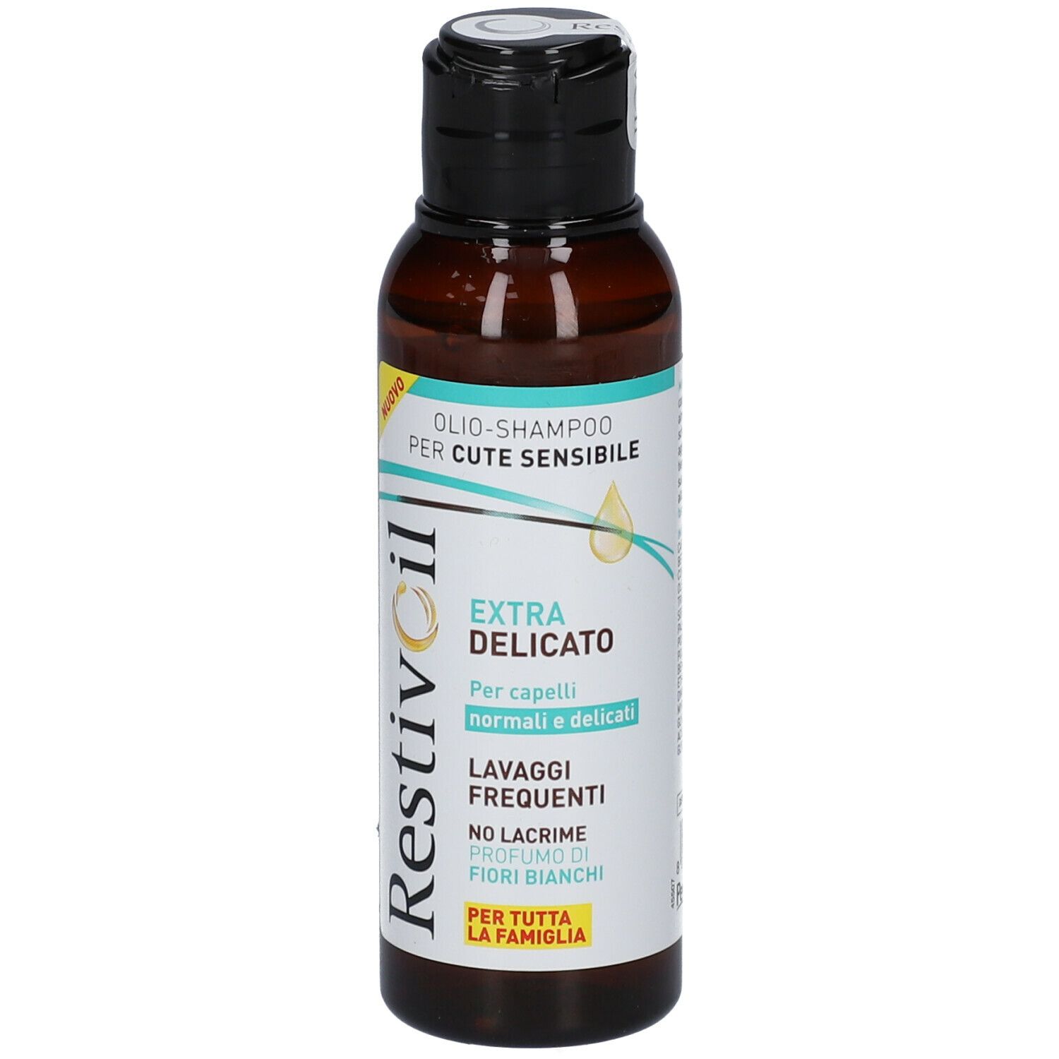 Flacone marrone con tappo nero. Scritta: RestivOil, Extra Delicato. Testo: OLIOSHAMPOO PER CUTE SENSIBILE.
