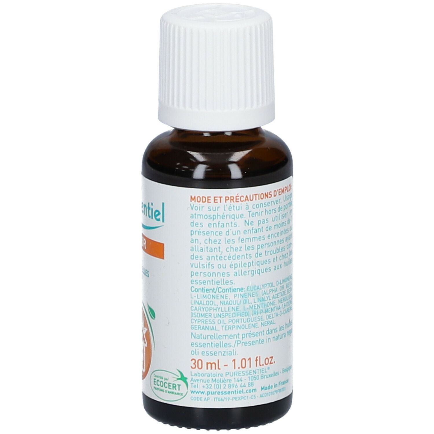 Flacone di vetro marrone con tappo bianco. Etichetta con ingredienti e volume. Logo ECOCERT.