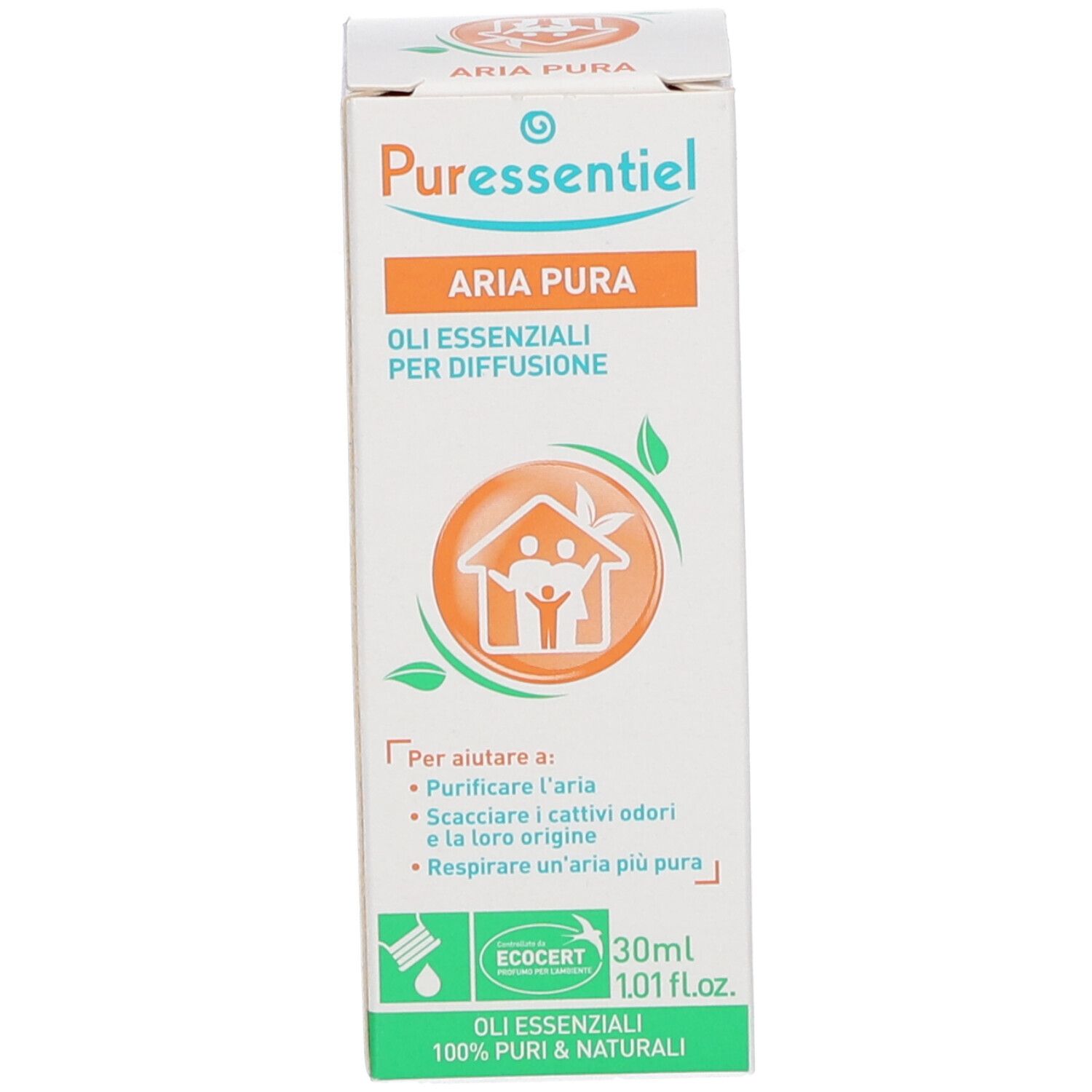 Confezione bianca con logo e nome del prodotto. Testo multilingue. Logo ECOCERT e volume.
