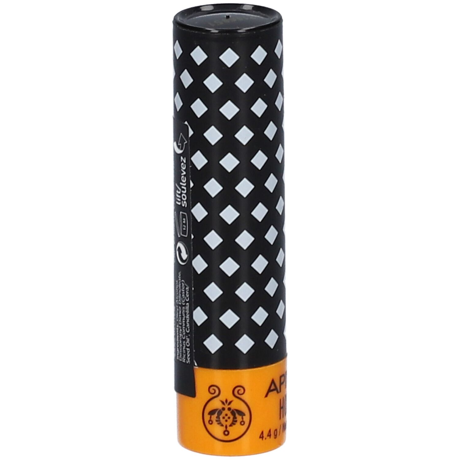 Confezione cilindrica. Nera con motivo a rombi bianchi. Parte inferiore arancione con scritta APIVITA HONEY. Coperchio nero. Testo sul retro.