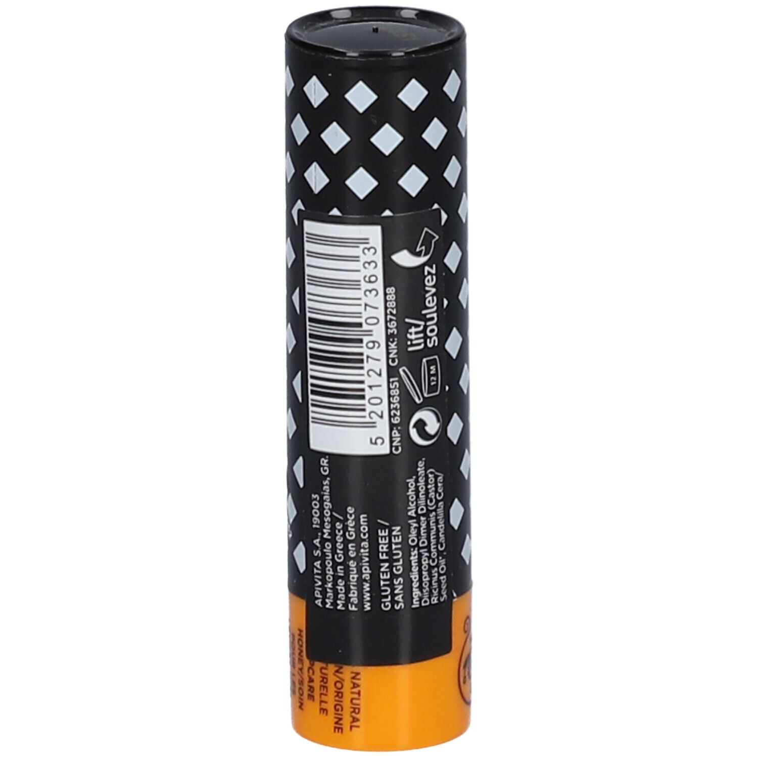 Confezione cilindrica. Nera con motivo a rombi bianchi. Parte inferiore arancione con testo e codice a barre. Coperchio nero. Testo sul retro.