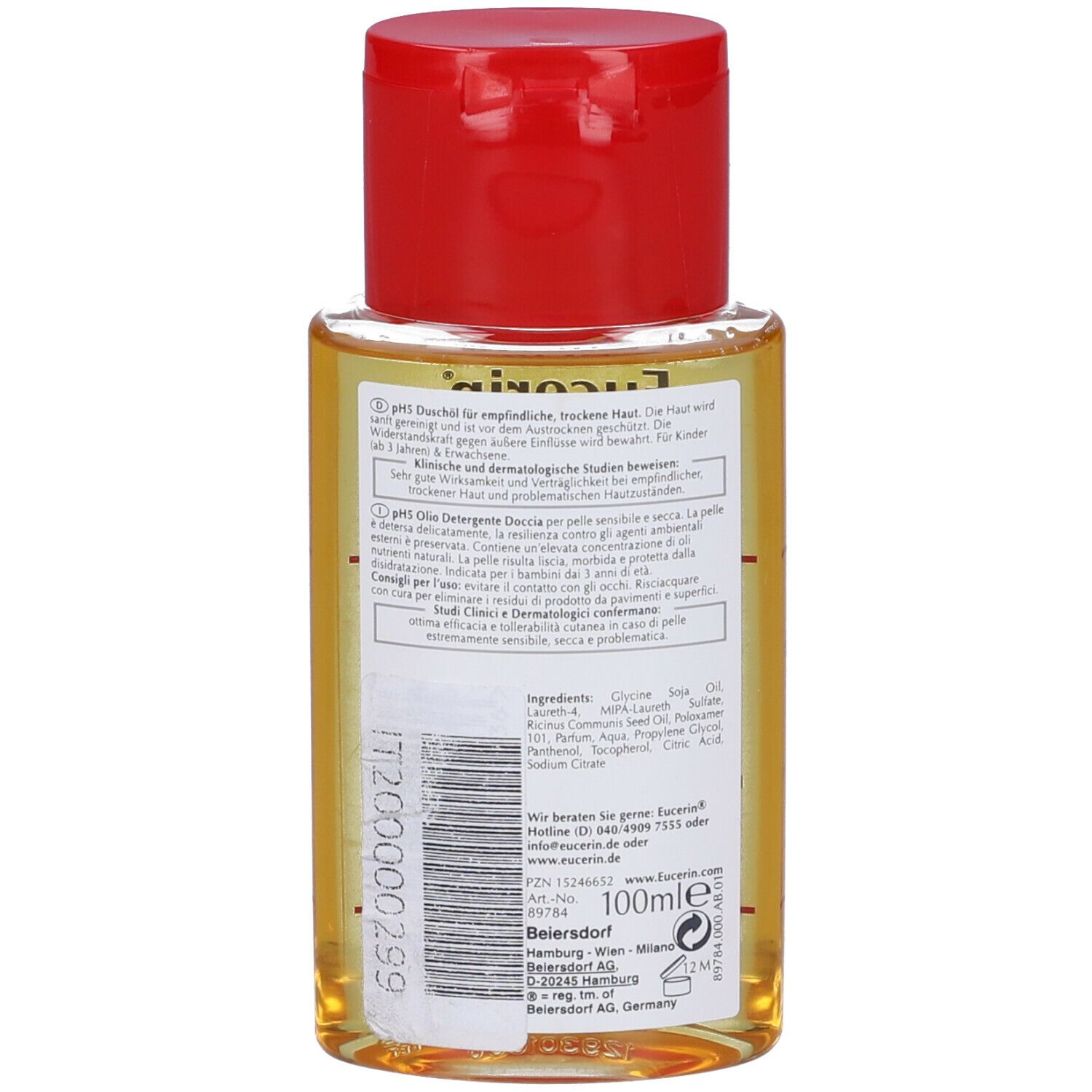 Retro di un flacone trasparente con tappo rosso. Contiene informazioni sul prodotto, ingredienti e dettagli del produttore.