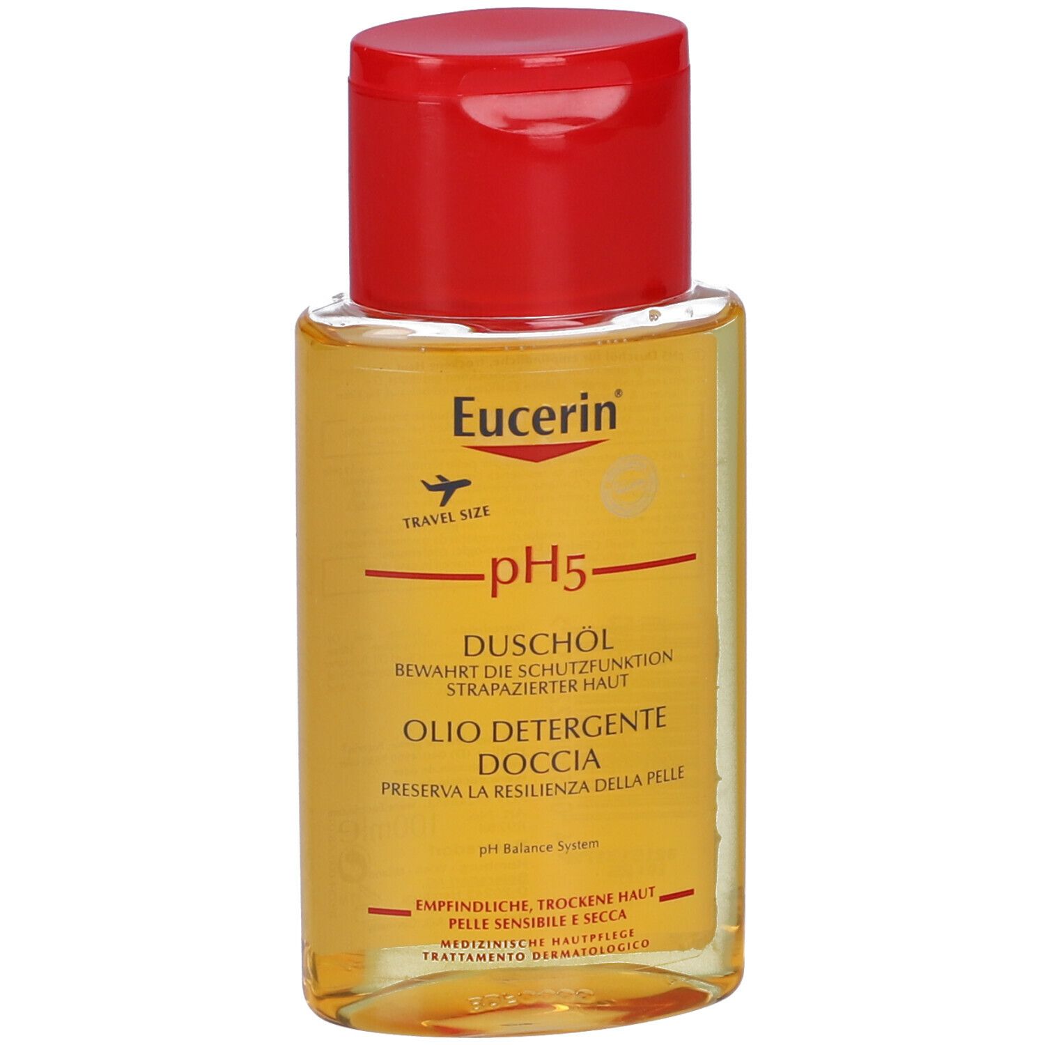 Flacone trasparente con tappo rosso. Scritte: Eucerin, pH5, Duschöl, Olio Detergente Doccia.