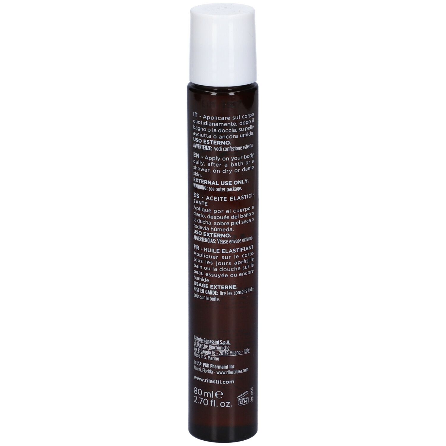 Flacone marrone con tappo bianco. Testo multilingue. Marchio Rilastil.