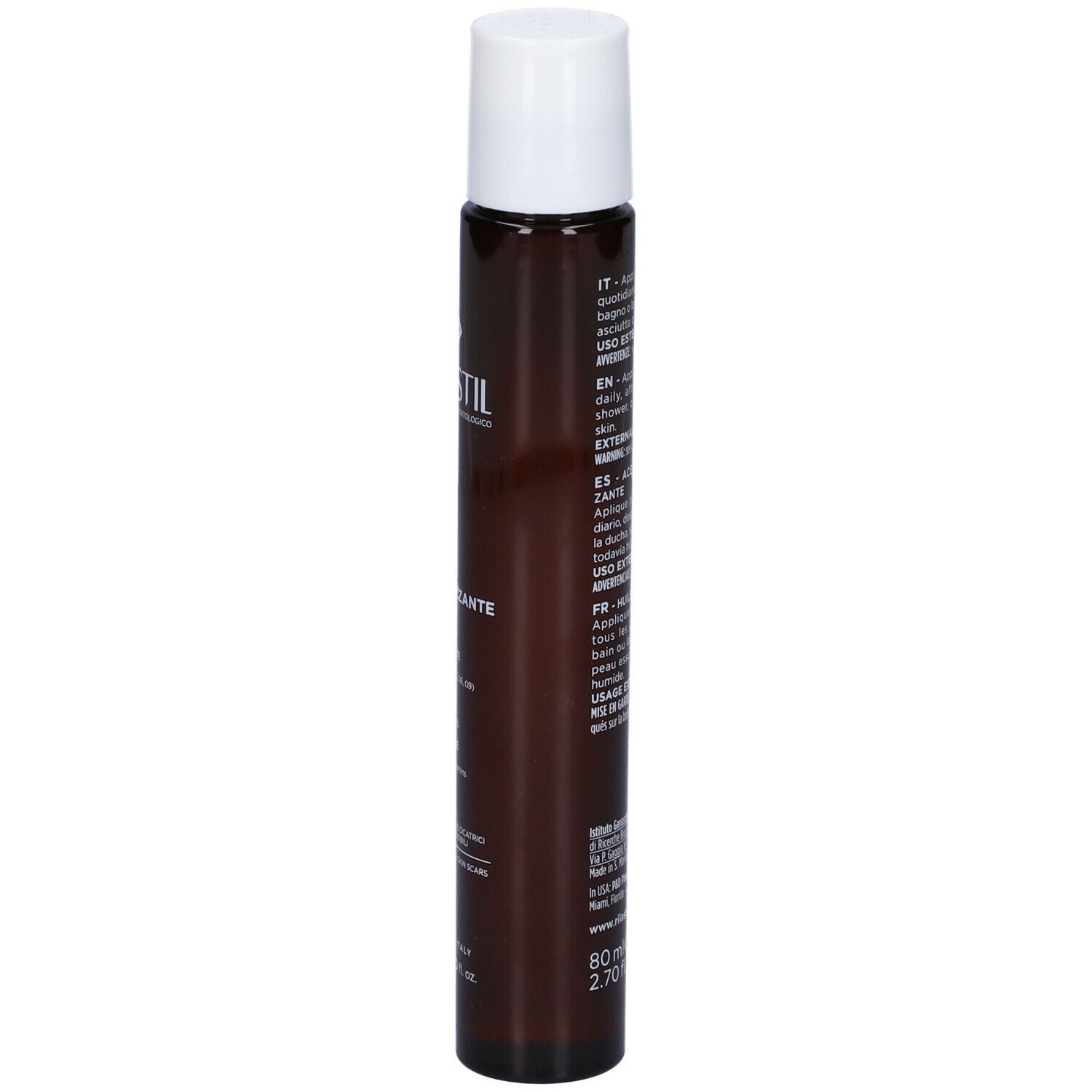 Flacone marrone con tappo bianco. Testo multilingue. Marchio Rilastil.