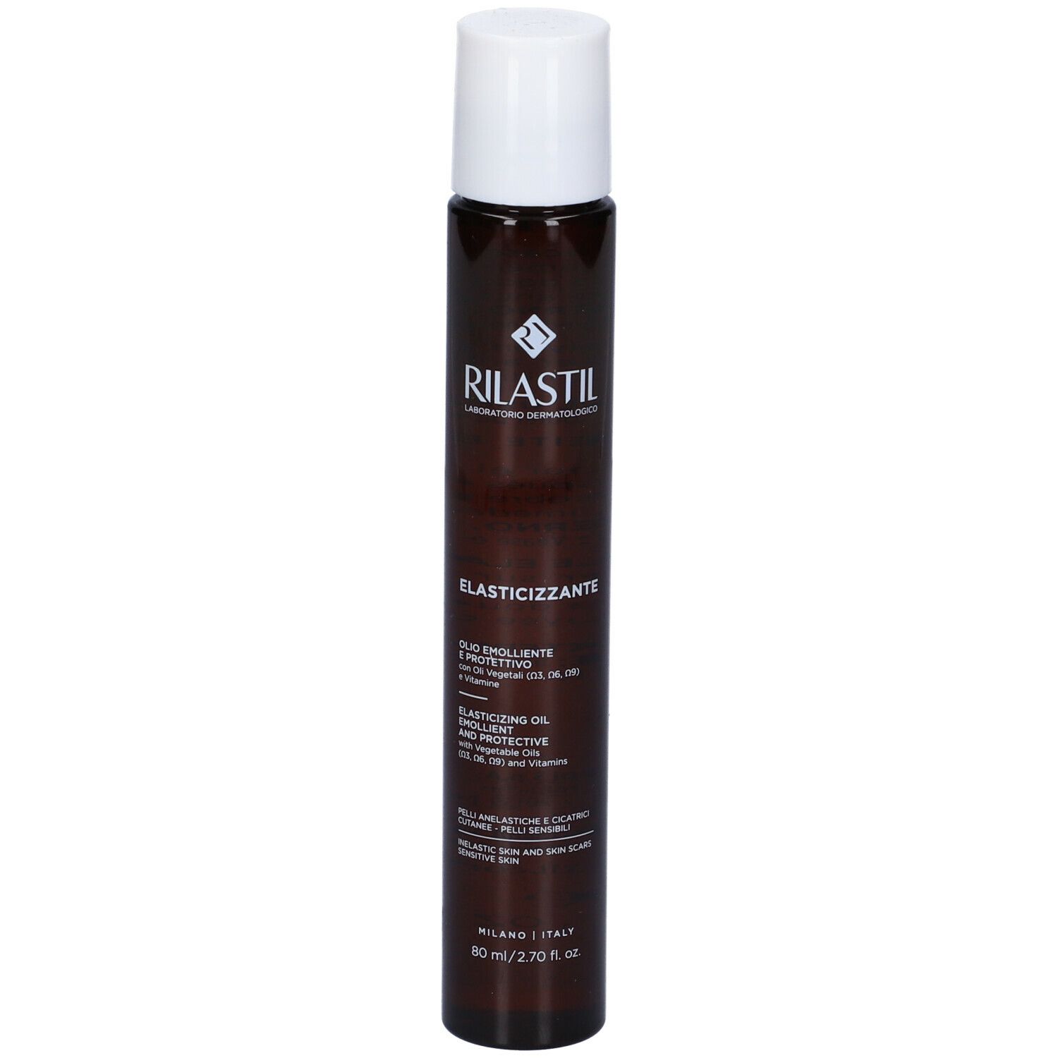 Flacone marrone con tappo bianco. Testo multilingue. Marchio Rilastil.