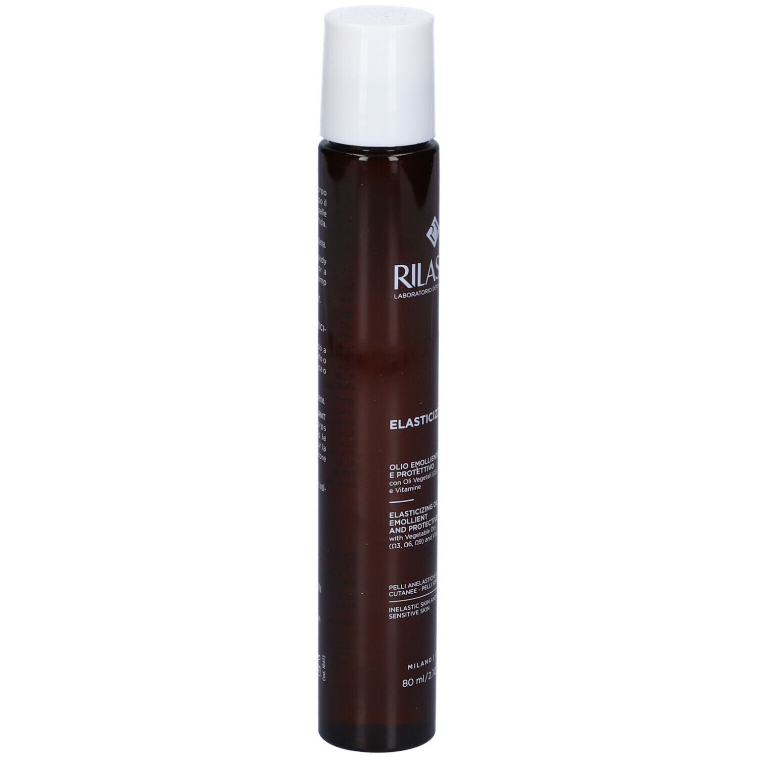 Flacone marrone con tappo bianco. Testo multilingue. Marchio Rilastil.