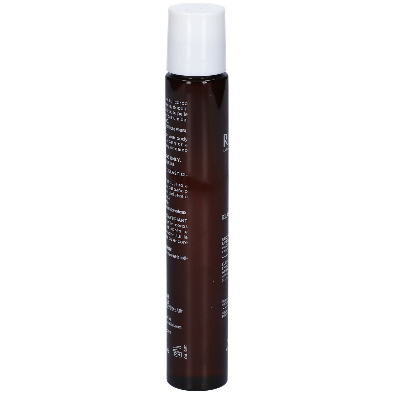 Flacone marrone con tappo bianco. Testo multilingue. Marchio Rilastil.