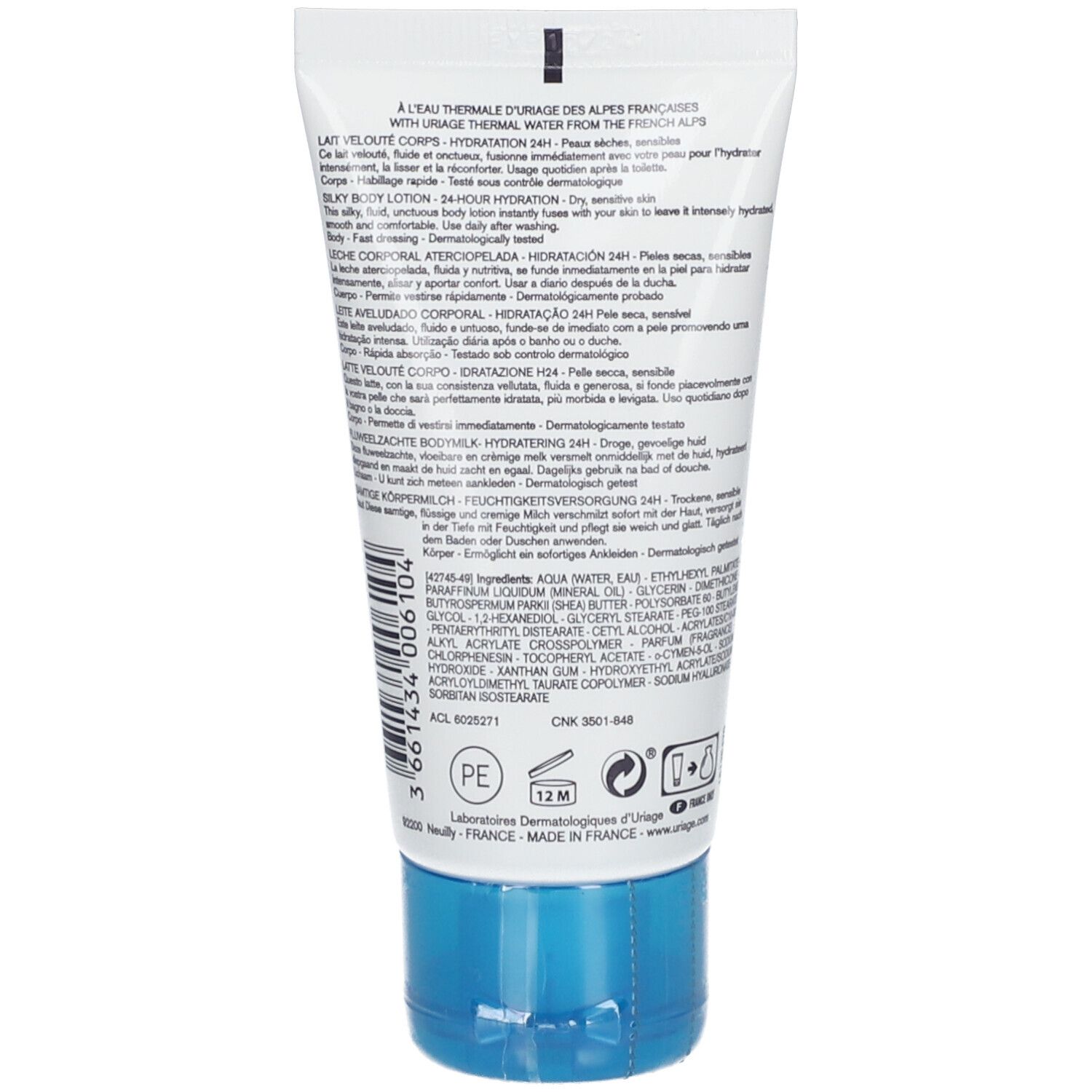 Retro del tubo. Testo multilingue. Tappo blu. Ingredienti e informazioni.