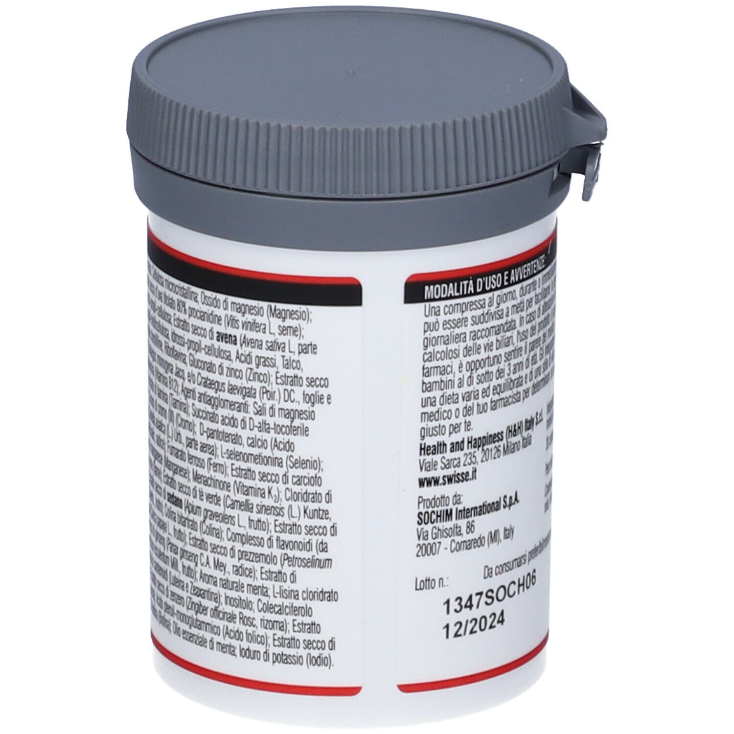 Retro del contenitore di Swisse Uomo Multivitaminico. Coperchio grigio, contenitore bianco con ingredienti e testo in italiano.