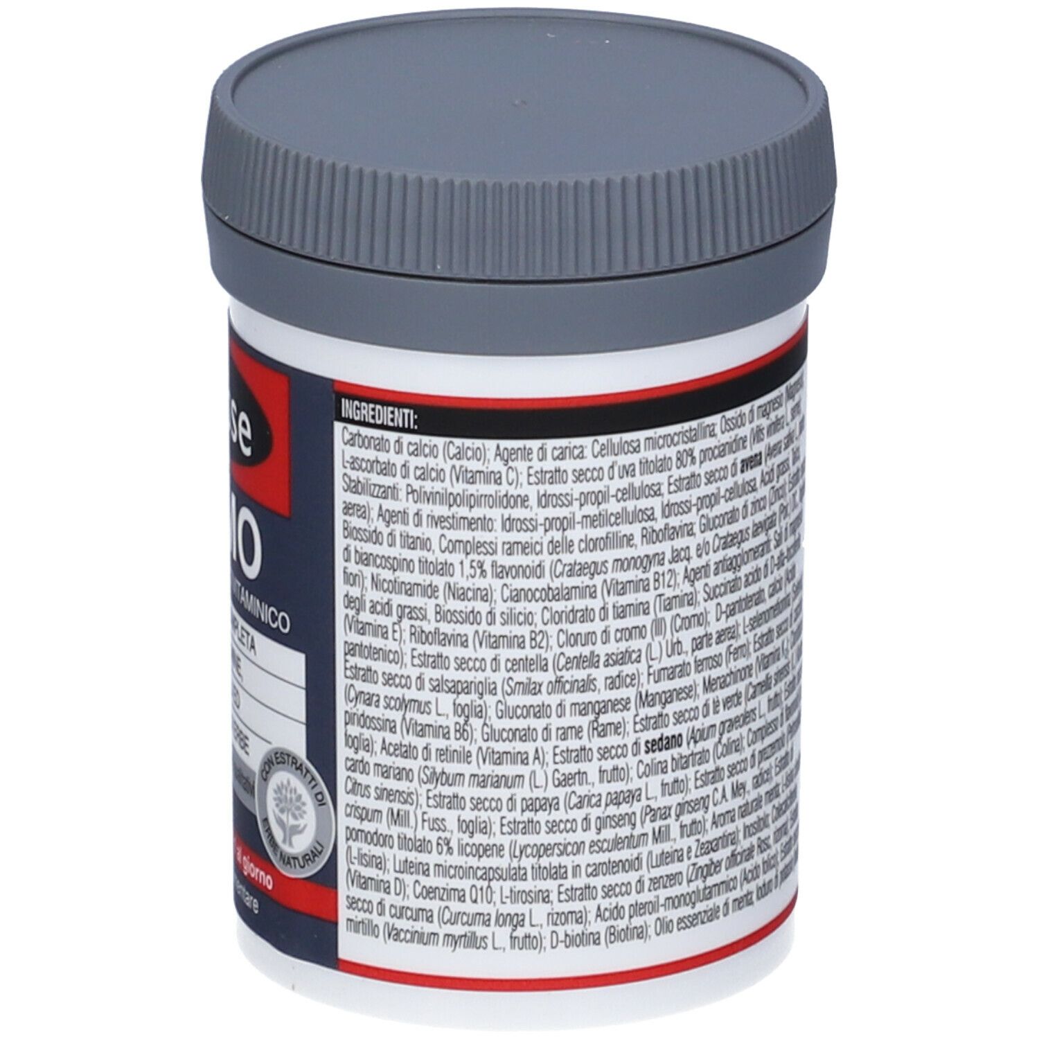 Retro del contenitore di Swisse Uomo Multivitaminico. Coperchio grigio, contenitore bianco con ingredienti e testo in italiano.