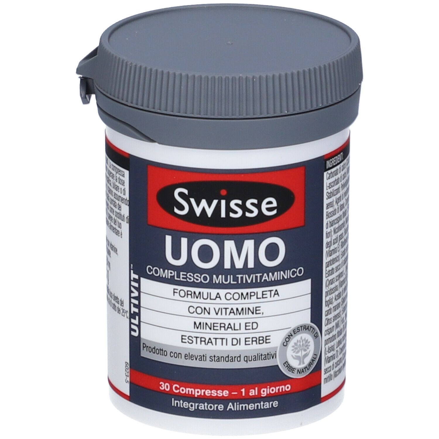 Contenitore di Swisse Uomo Multivitaminico. Coperchio grigio, contenitore bianco con etichetta. Testo in italiano.