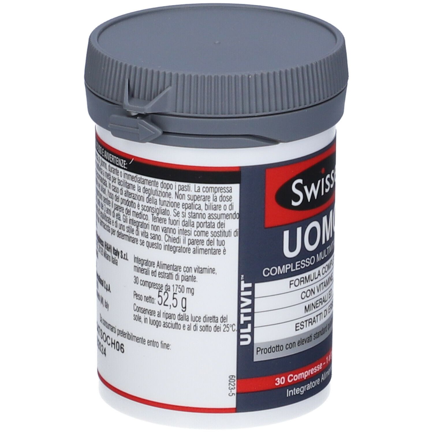 Contenitore di Swisse Uomo Multivitaminico. Coperchio grigio, contenitore bianco con etichetta. Testo in italiano.