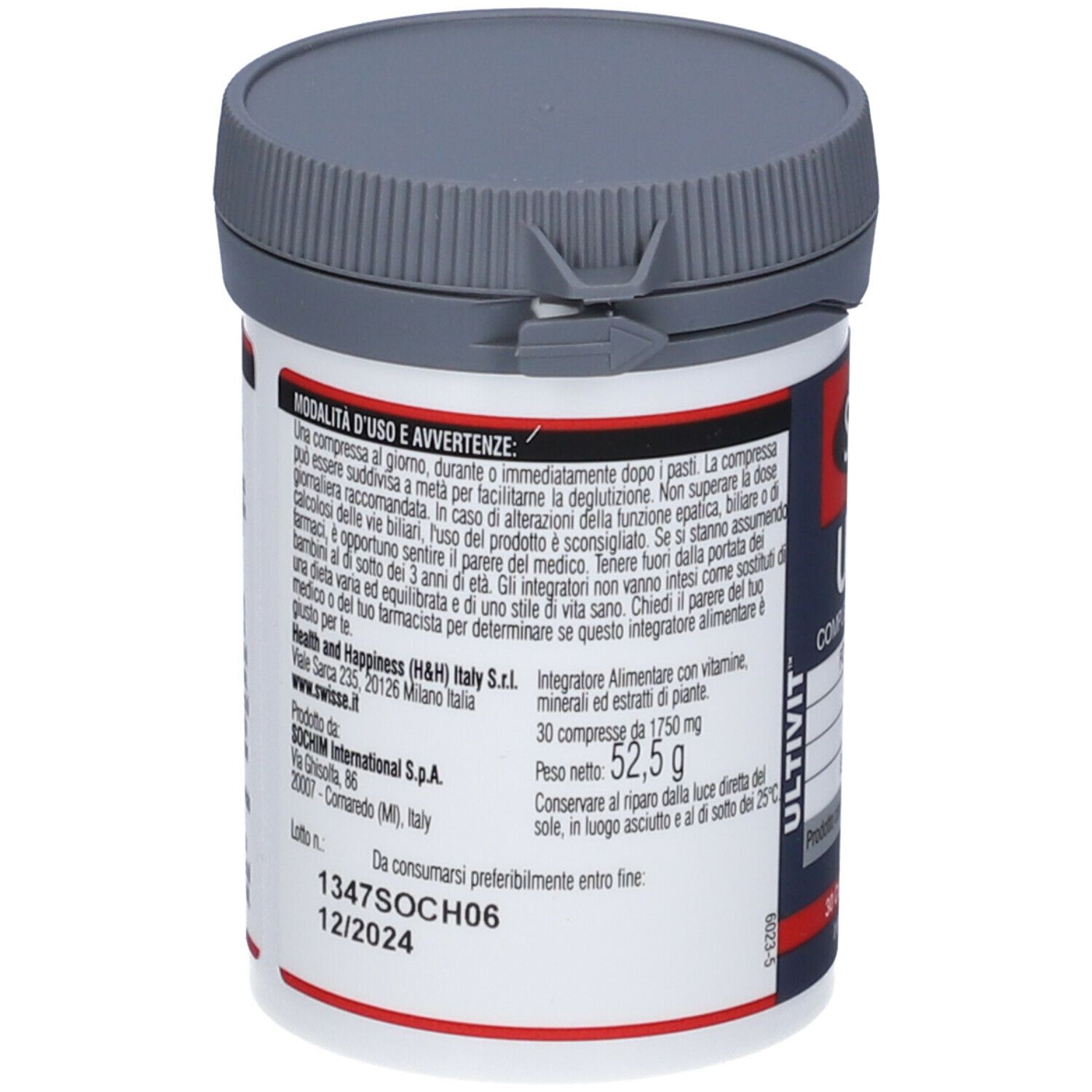 Contenitore di Swisse Uomo Multivitaminico. Coperchio grigio, contenitore bianco con etichetta. Testo in italiano.