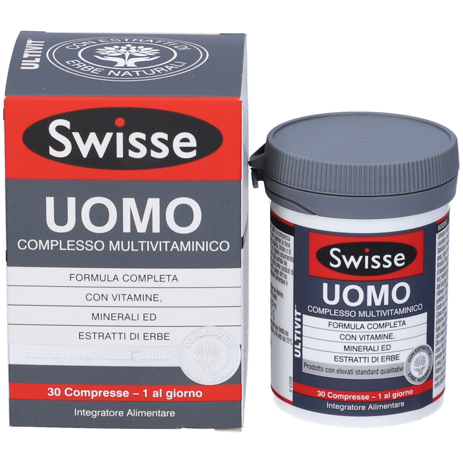 Swisse Uomo Multivitaminico, flacone e scatola. Flacone grigio, scatola grigia con accento rosso. Testo in italiano.