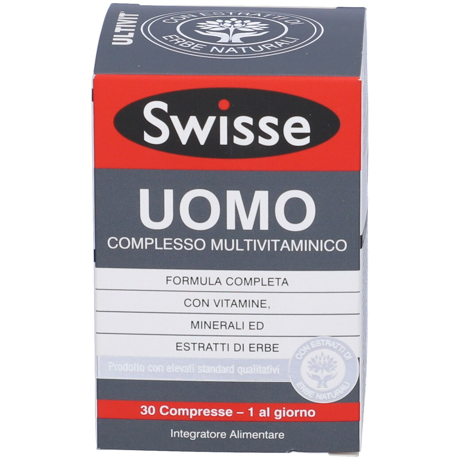 Scatola di Swisse Uomo Multivitaminico. Scatola grigia con accento rosso. Testo in italiano.