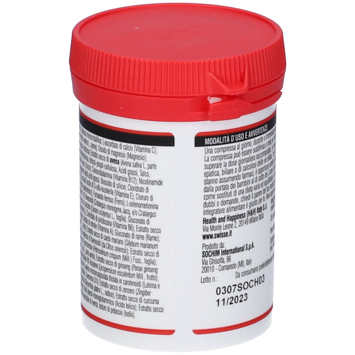 Barattolo bianco e rosso. Scritta: Swisse Donna Complesso Multivitaminico. Lista ingredienti stampata.