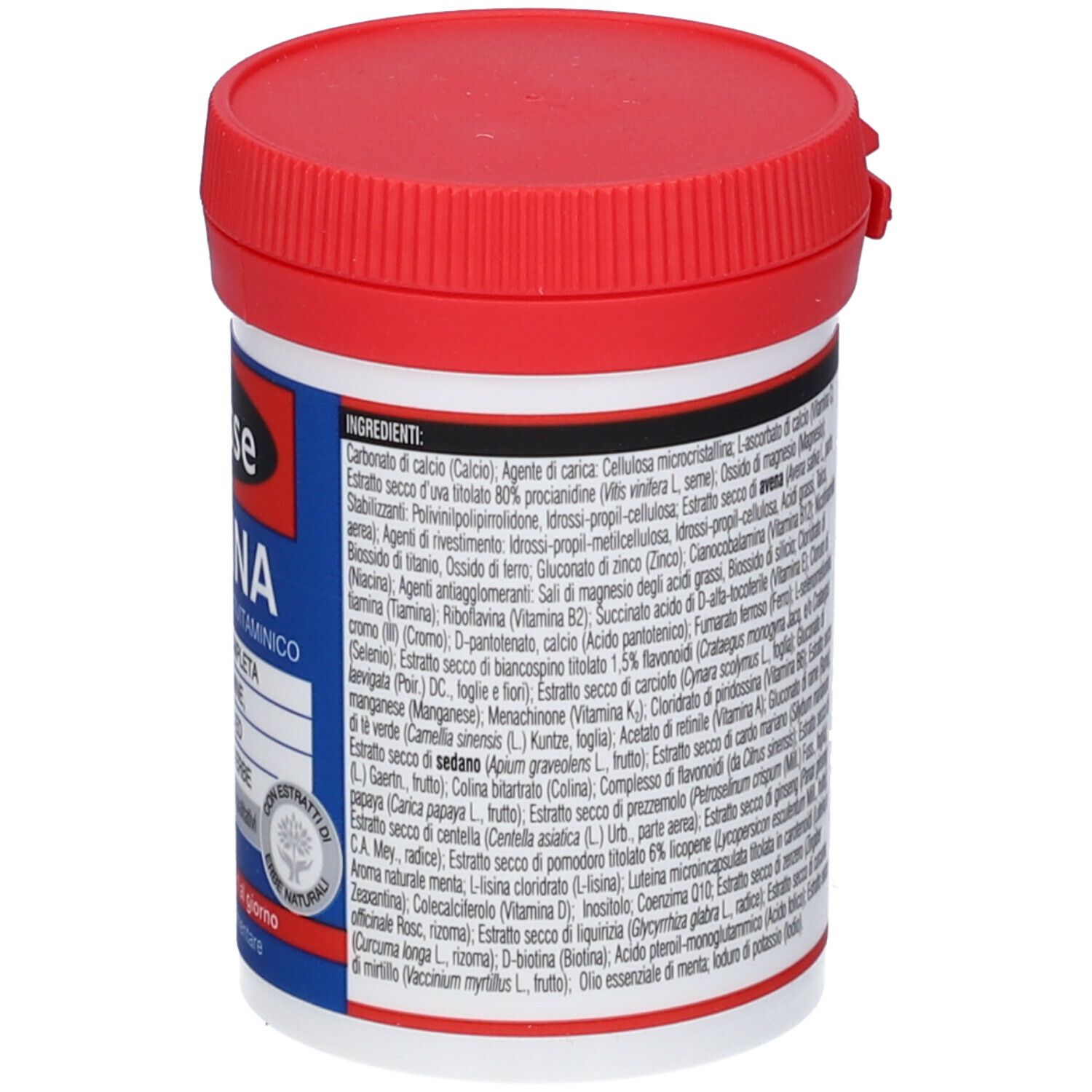 Barattolo bianco e rosso. Scritta: Swisse Donna Complesso Multivitaminico. Lista ingredienti stampata.