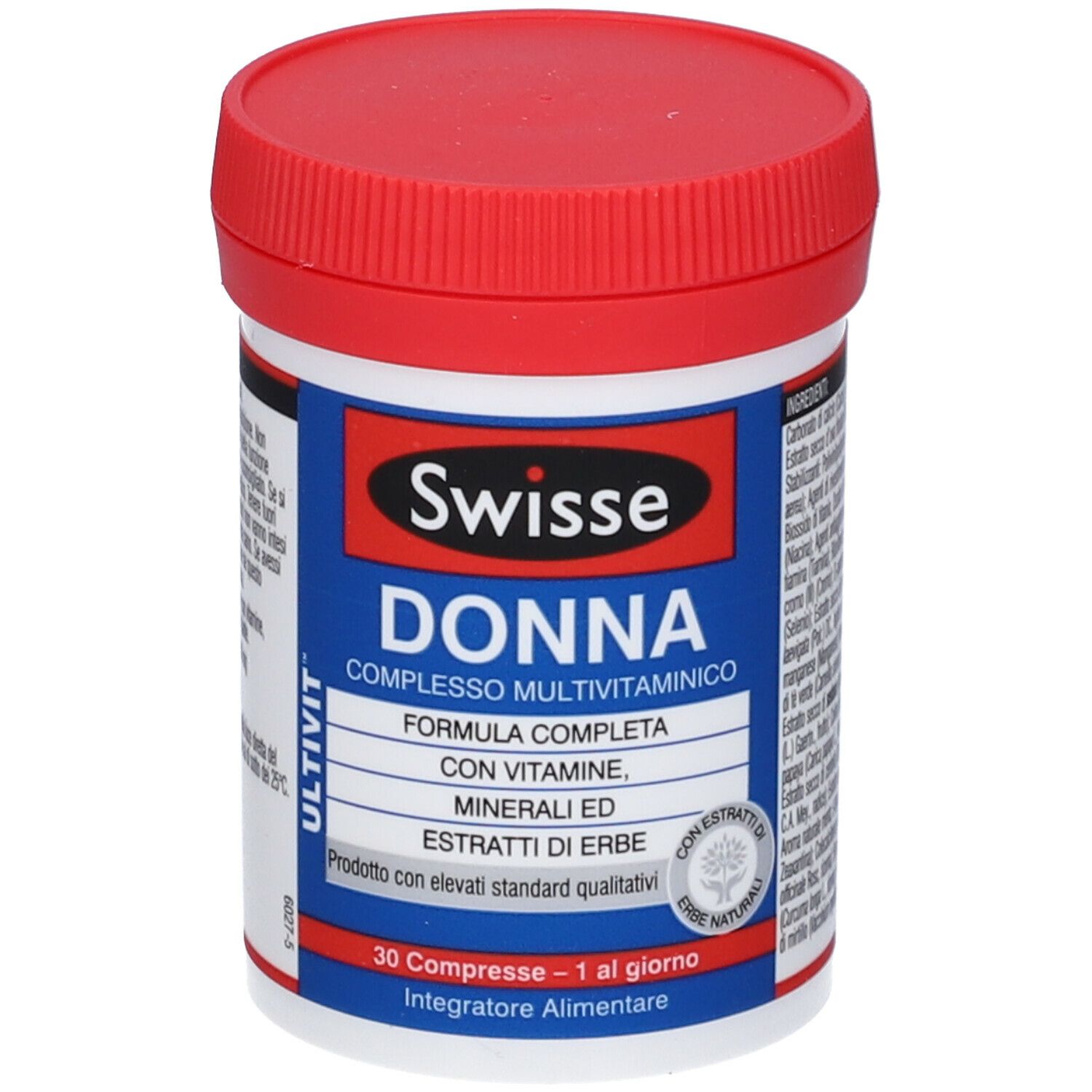 Barattolo bianco e rosso. Scritta: Swisse Donna Complesso Multivitaminico. Contiene 30 compresse.