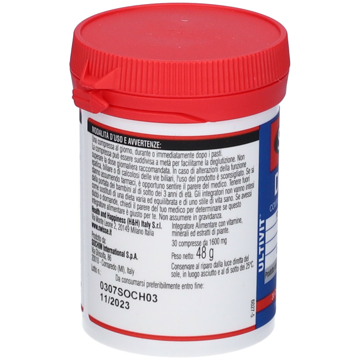 Barattolo bianco e rosso. Scritta: Swisse Donna Complesso Multivitaminico. Contiene 30 compresse.