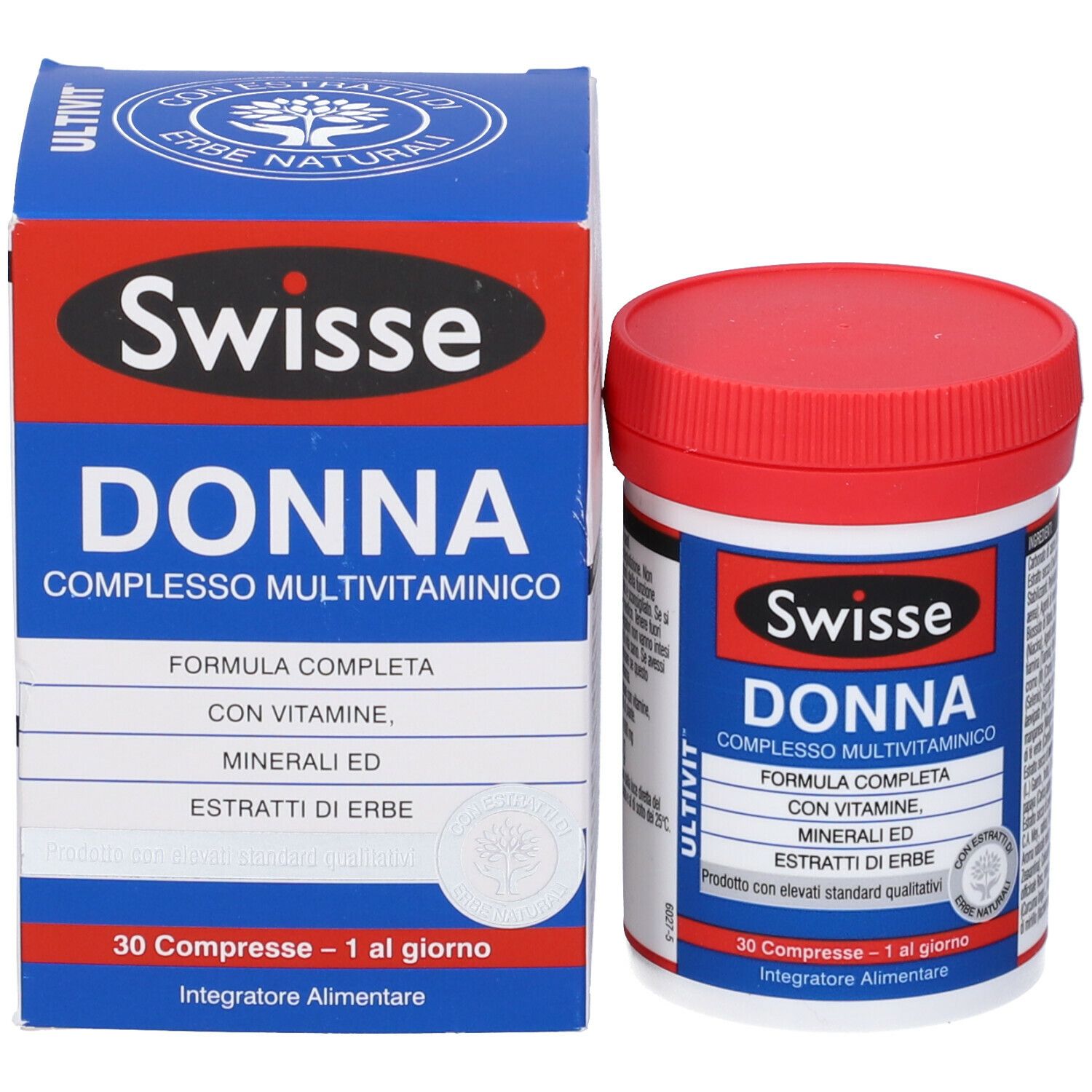 Confezione del prodotto: barattolo e scatola. Scritta: Swisse Donna Complesso Multivitaminico. Contiene 30 compresse.