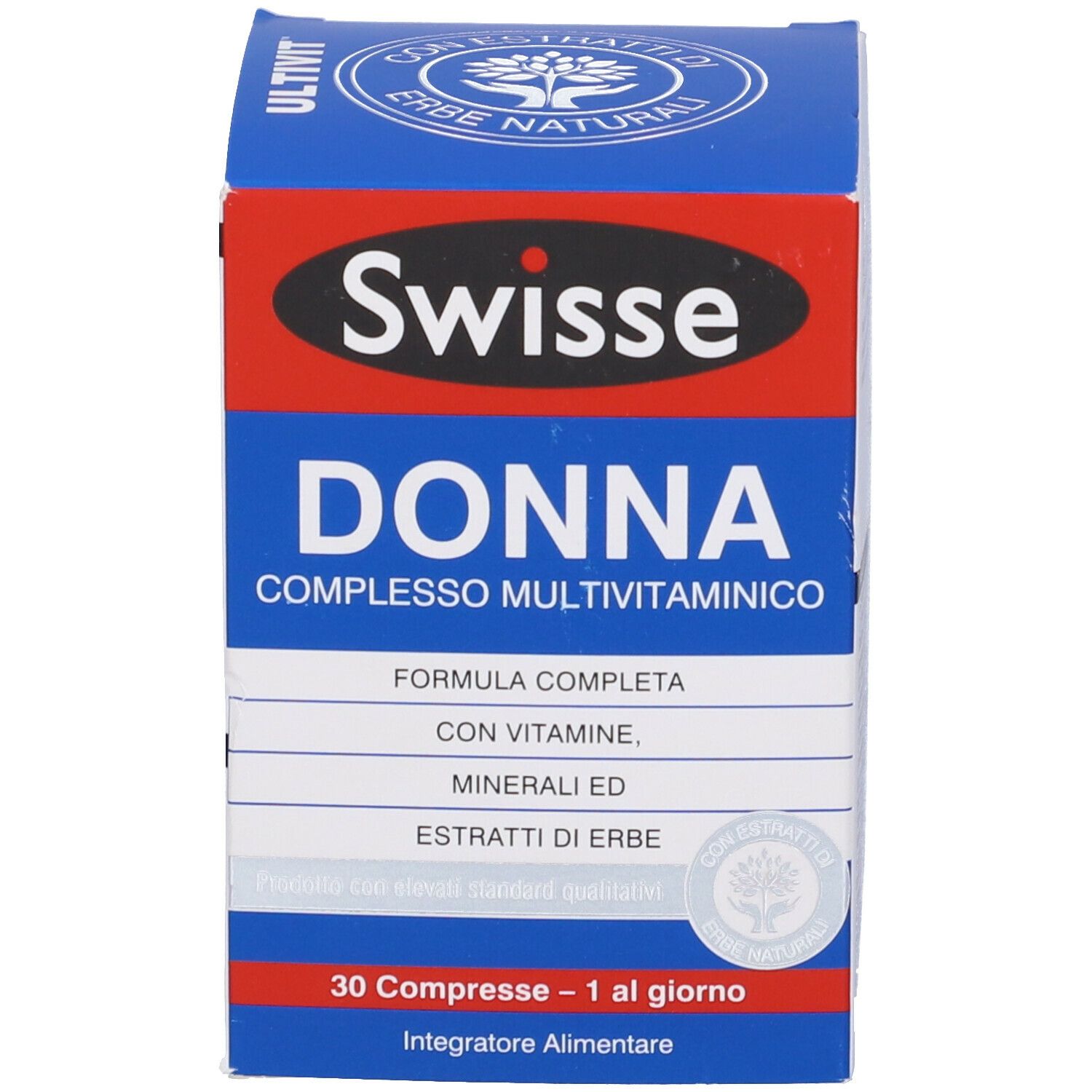 Scatola blu. Scritta: Swisse Donna Complesso Multivitaminico. Contiene 30 compresse.