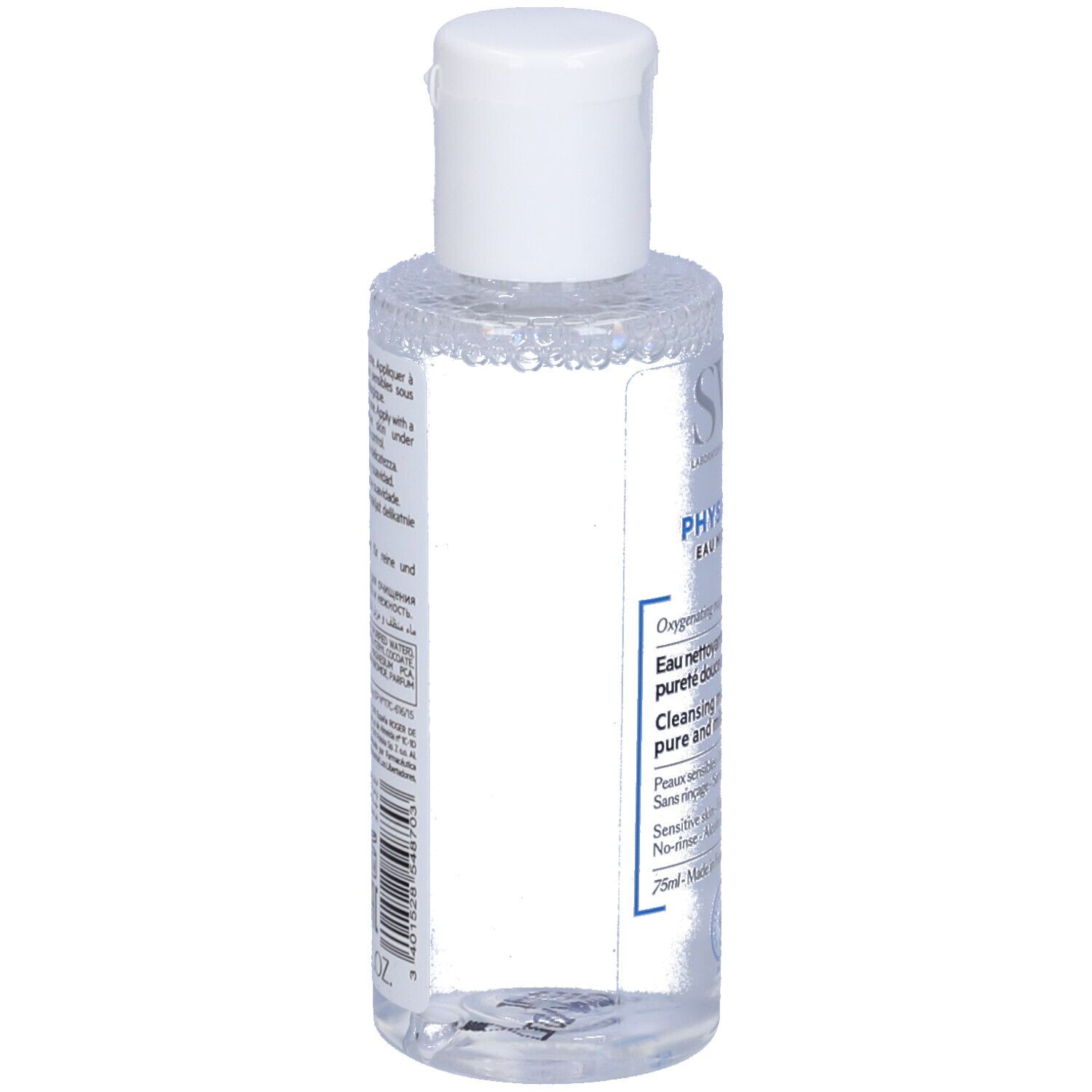 Flacone trasparente con tappo bianco. Etichetta con informazioni prodotto e codice a barre.