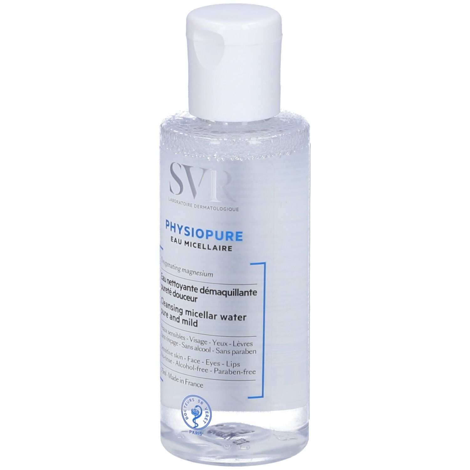 Flacone trasparente con tappo bianco. Scritte: SVR, PHYSIOPURE, Eau Micellaire. Per pelli sensibili.