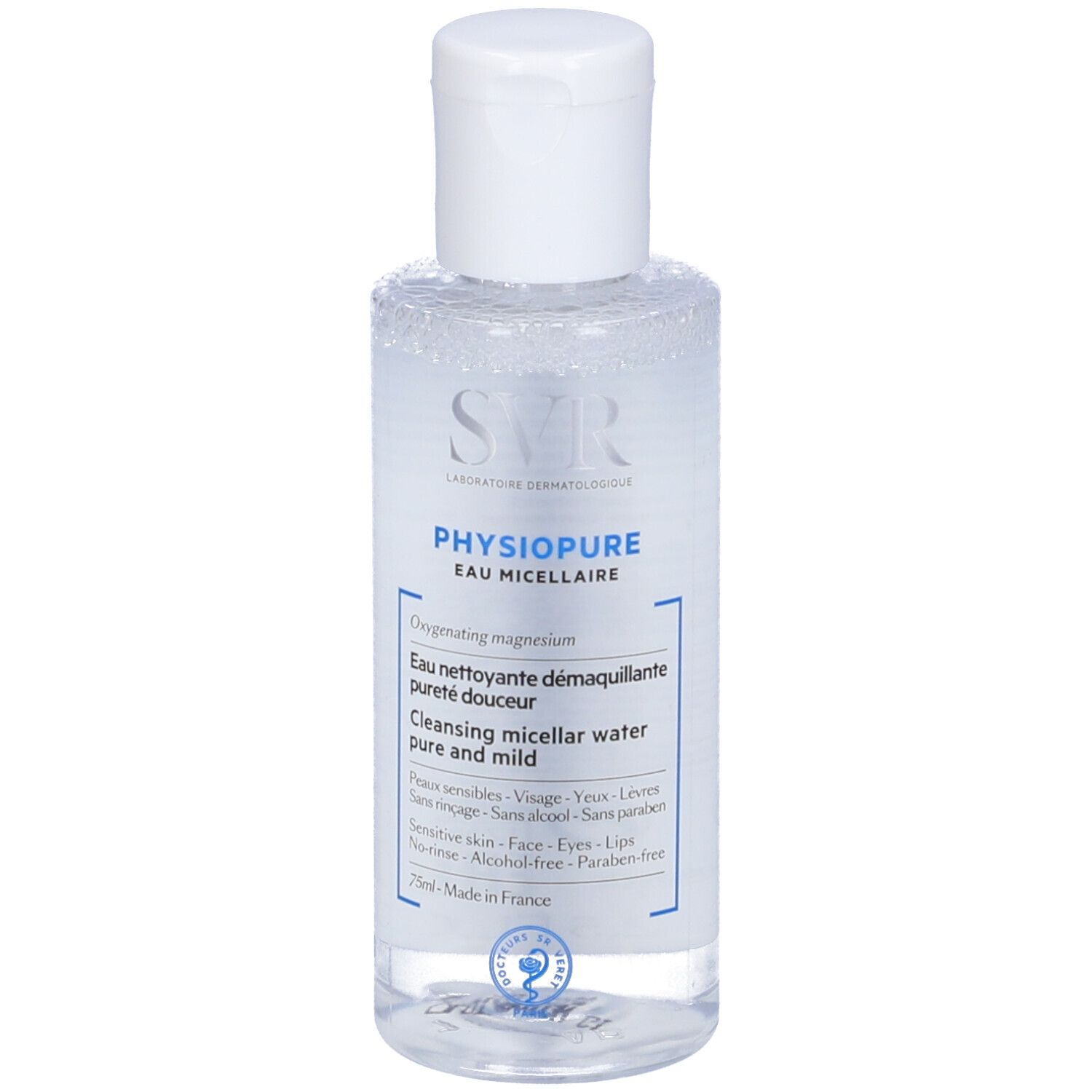 Flacone trasparente con tappo bianco. Retro con informazioni prodotto e ingredienti.