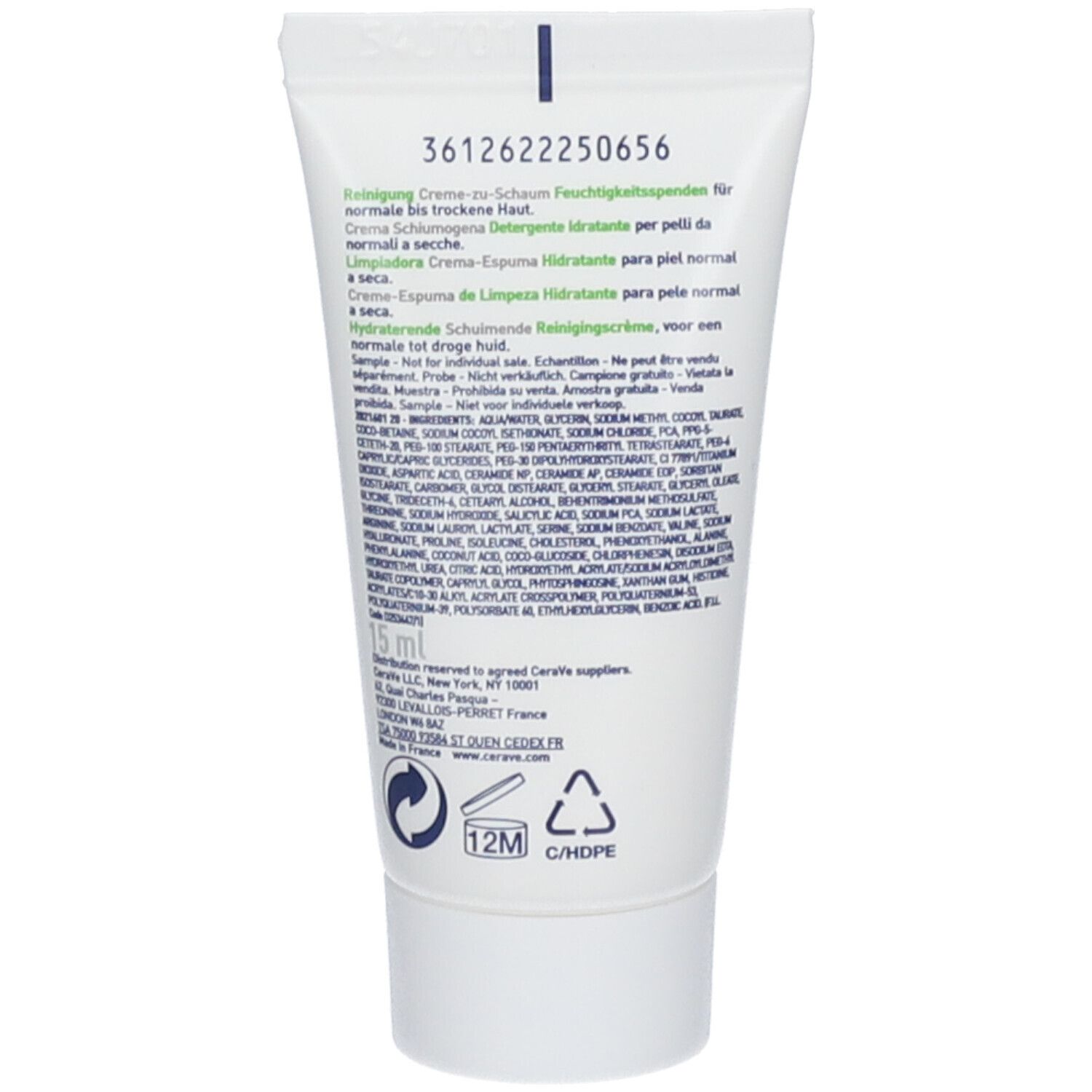 Retro del tubo. Testo multilingue. Ingredienti, informazioni del produttore e simboli di riciclaggio.