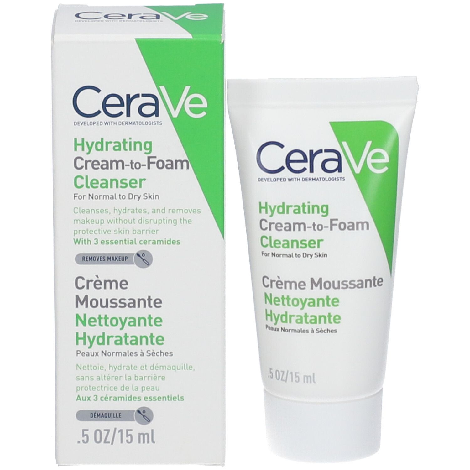 Confezione del prodotto. Scatola e tubo. Logo CeraVe, nome e descrizione del prodotto. Bianco e verde.