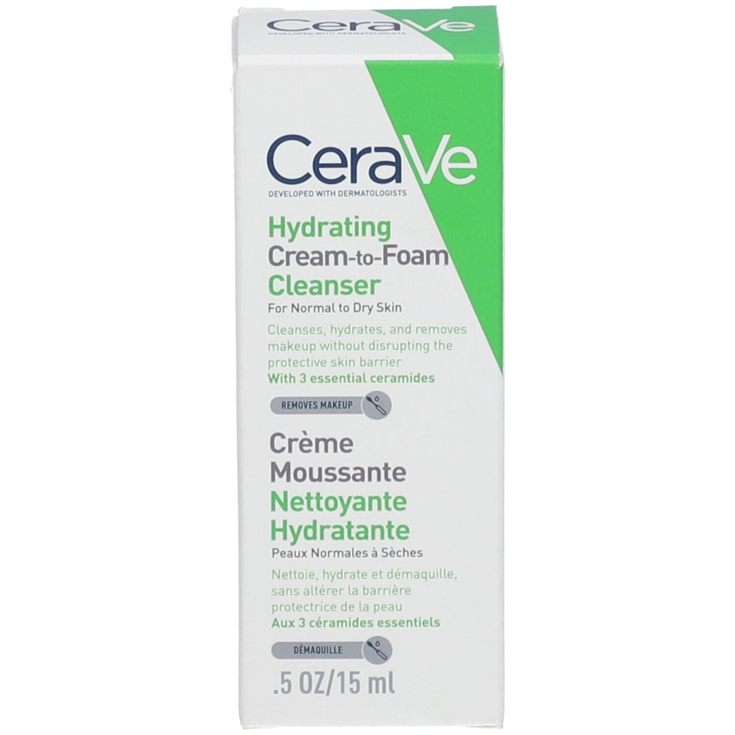 Confezione del prodotto. Scatola bianca con accento verde. Logo CeraVe e nome del prodotto. Testo multilingue.