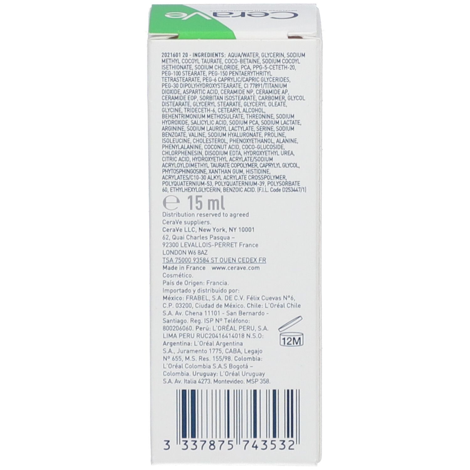 Retro della confezione del prodotto. Testo multilingue. Ingredienti, informazioni del produttore e loghi.