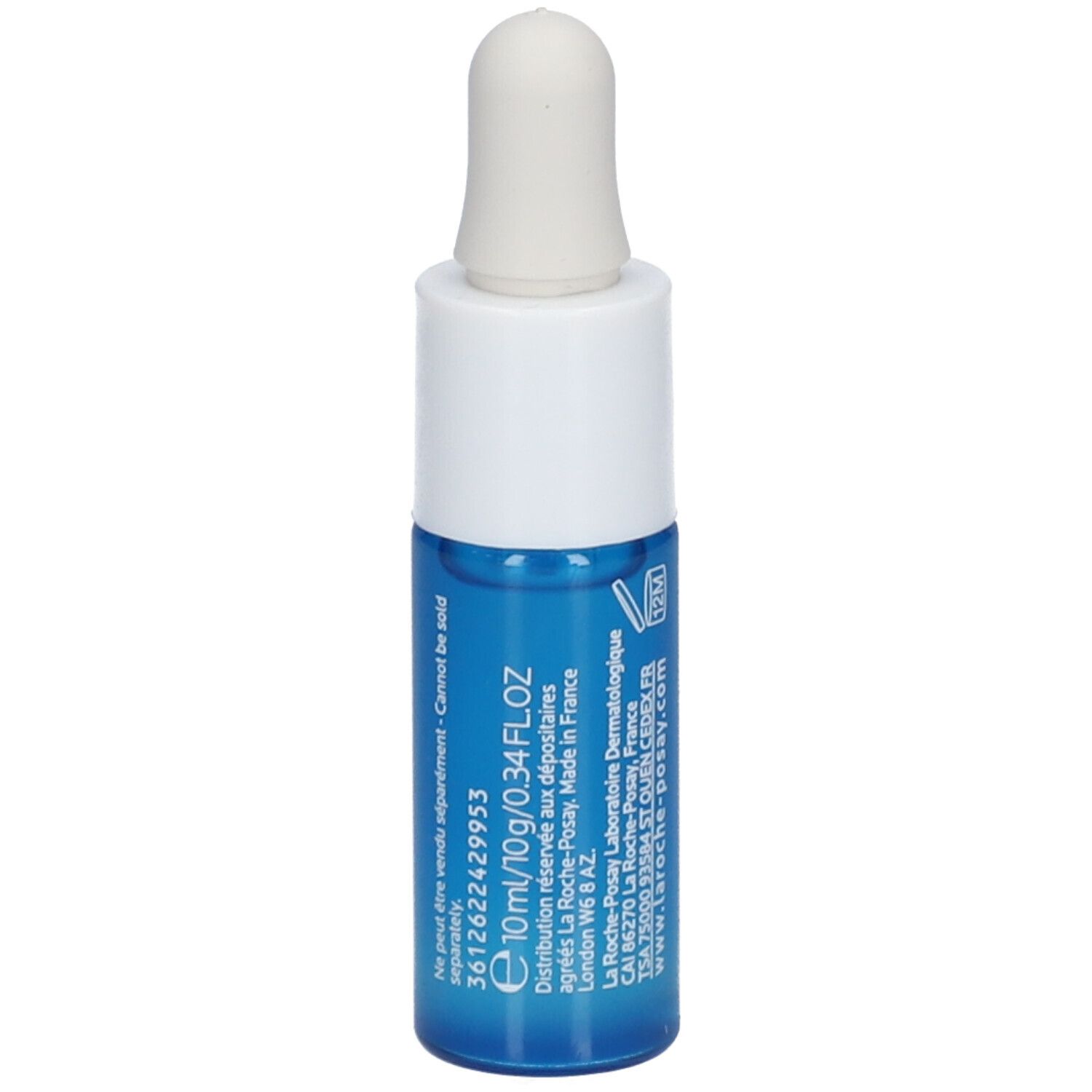 Flacone blu con tappo bianco. Scritta: Hyalu B5 Serum. Retro con testo, 10ml/10g e 0.34 fl.oz. Marchio La Roche-Posay.