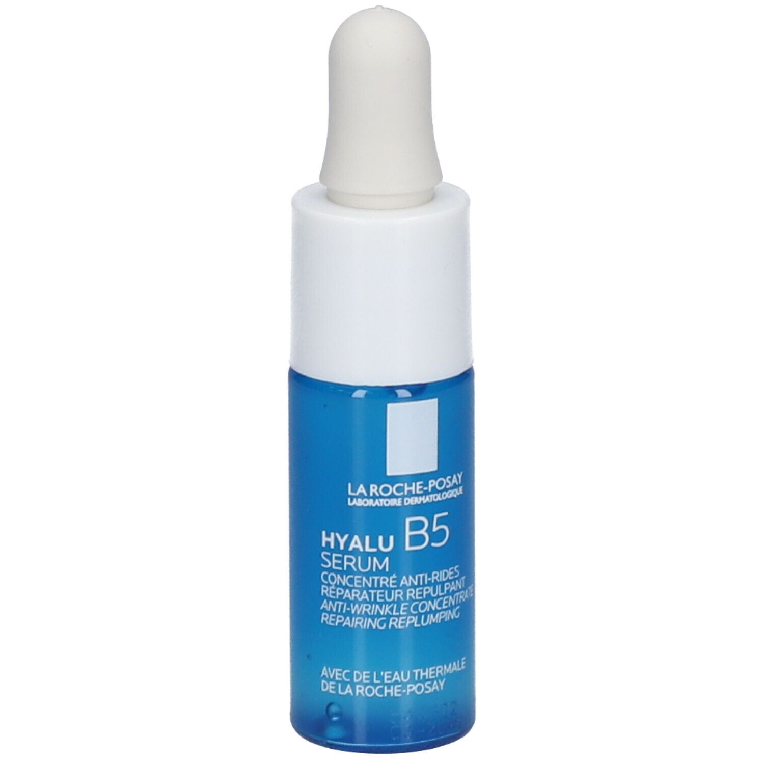 Flacone blu con tappo bianco. Scritta: Hyalu B5 Serum, concentrato antirughe. Marchio La Roche-Posay.