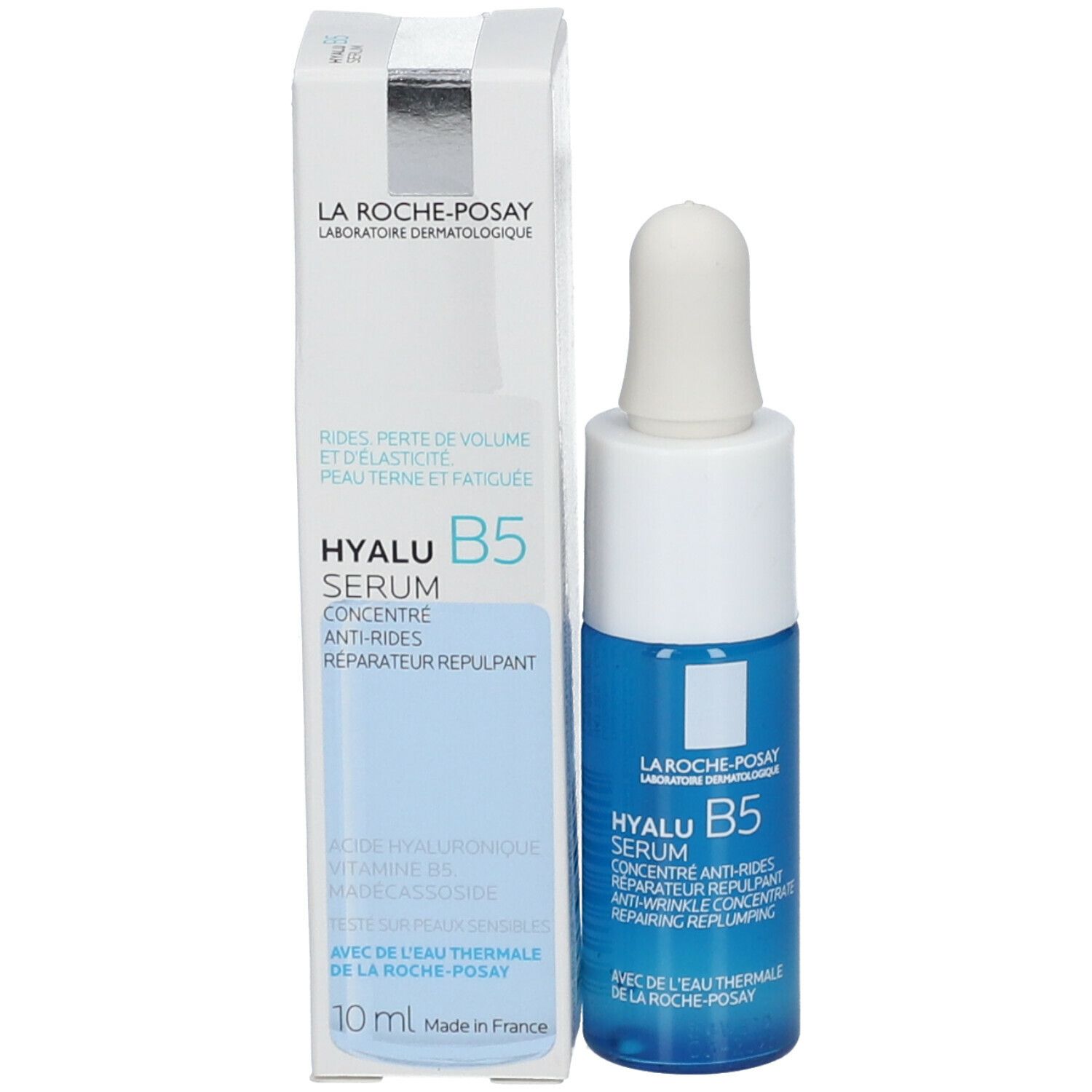 Flacone e confezione del prodotto. Flacone: blu, tappo bianco. Confezione: bianca, blu. Scritta: Hyalu B5 Serum. Marchio La Roche-Posay.