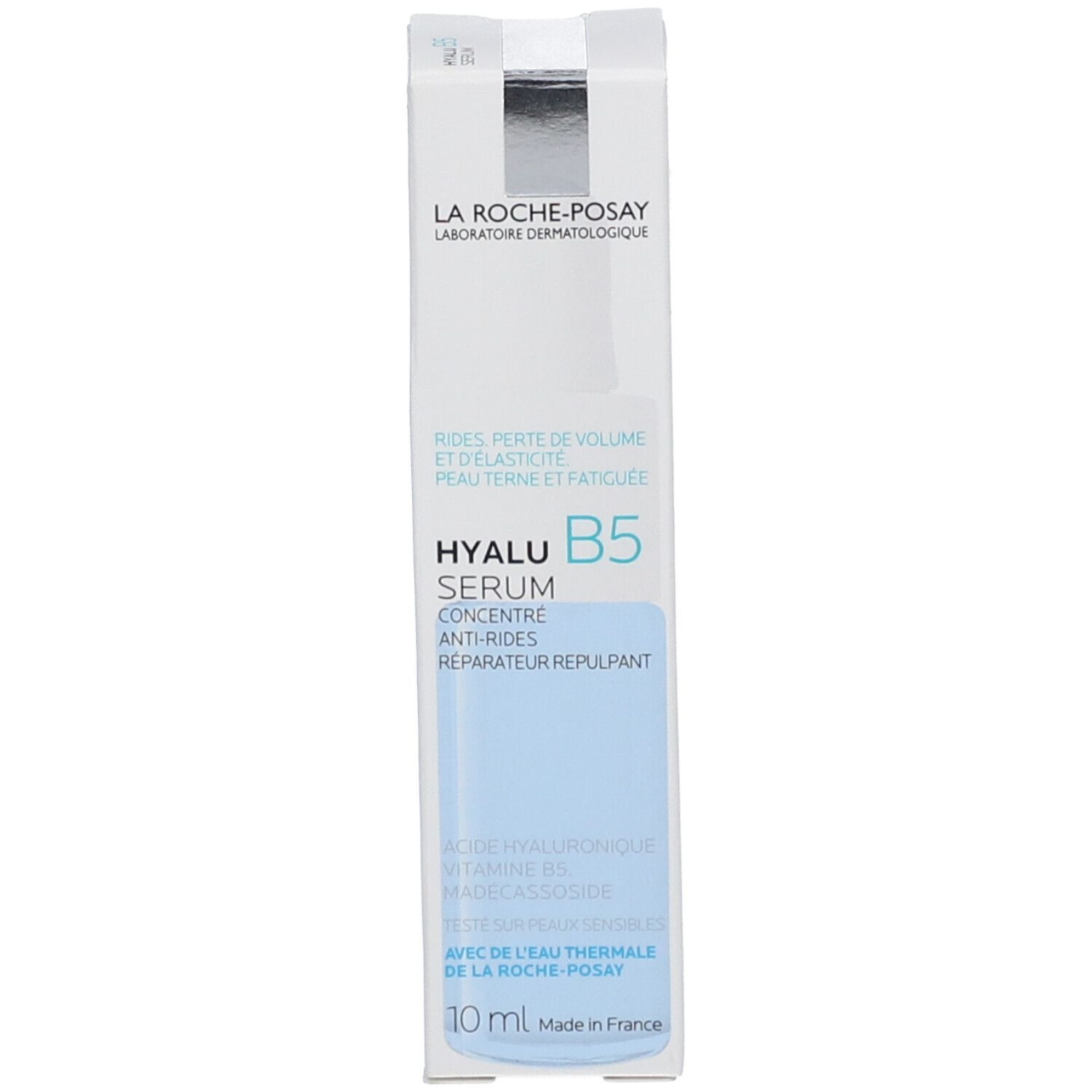 Confezione del prodotto. Bianca con accenti blu. Scritta: Hyalu B5 Serum. Marchio La Roche-Posay. 10 ml.