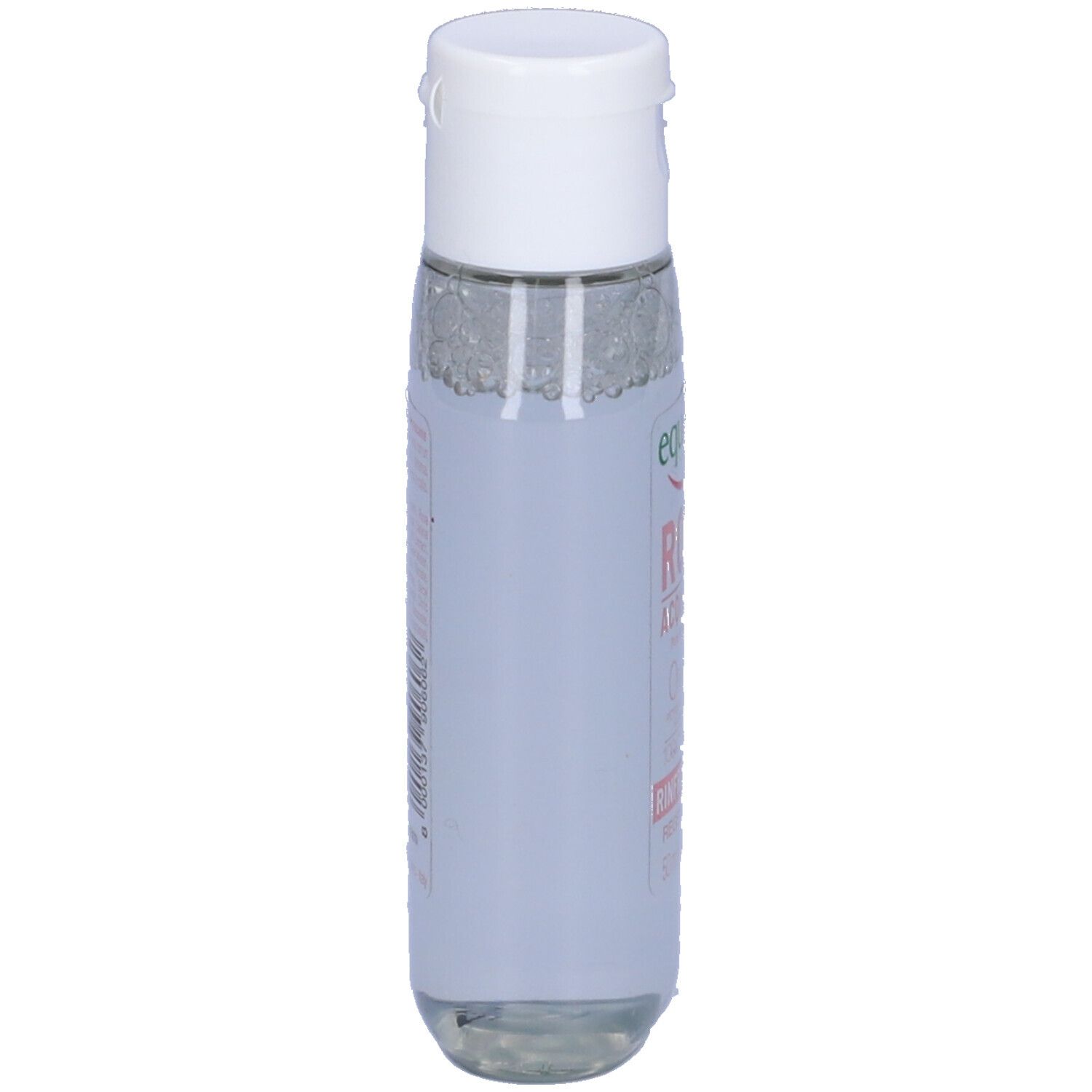 Flacone trasparente con tappo bianco. Scritta parzialmente visibile. Etichetta rosa.