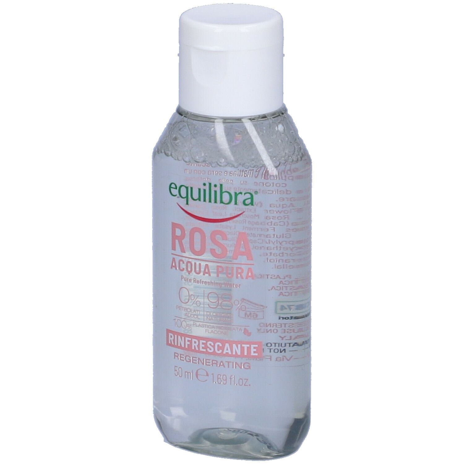 Flacone trasparente con tappo bianco. Scritta: Equilibra Rosa Acqua Pura Rinfrescante. 50 ml.