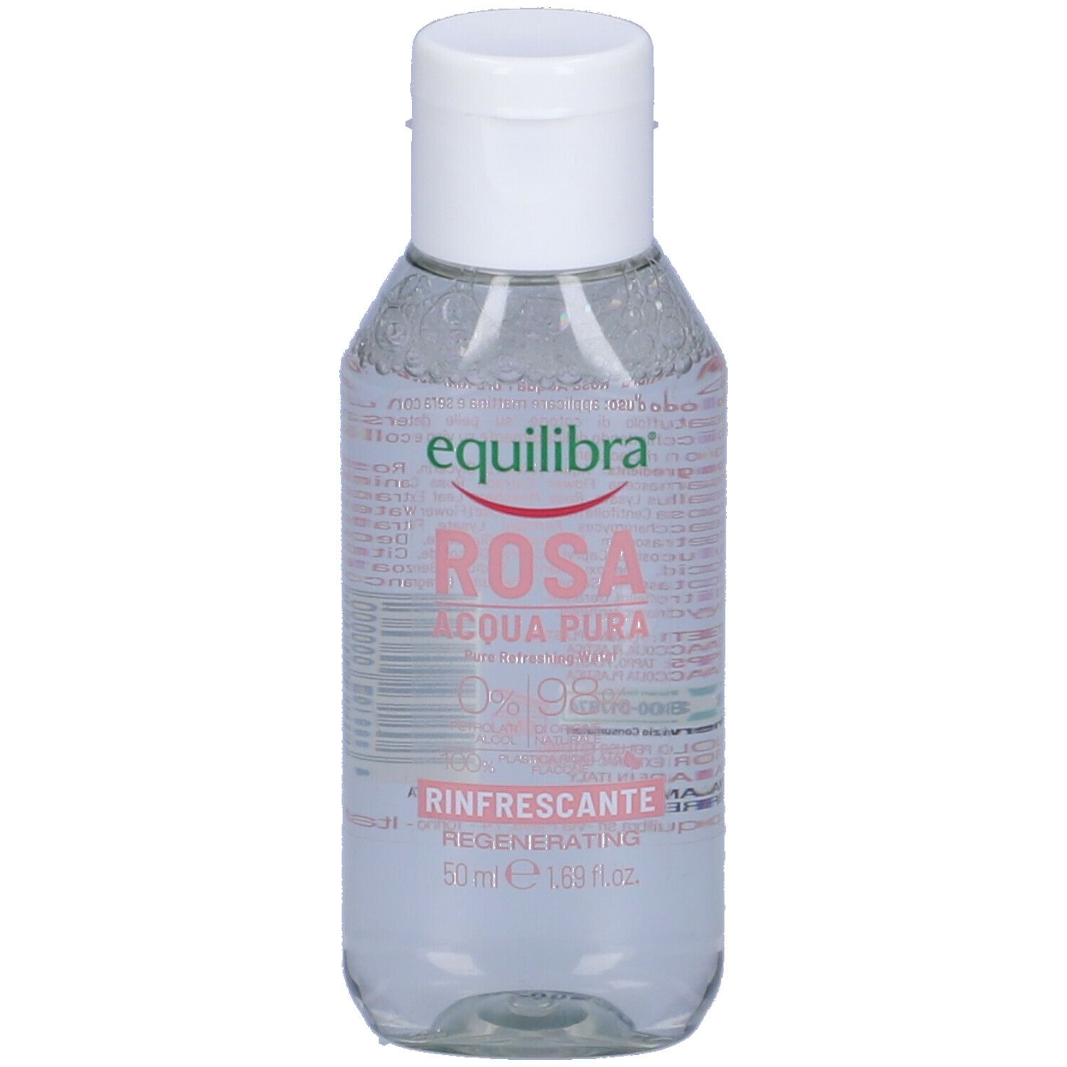 Flacone trasparente con tappo bianco. Scritta: Equilibra Rosa Acqua Pura Rinfrescante. 50 ml.