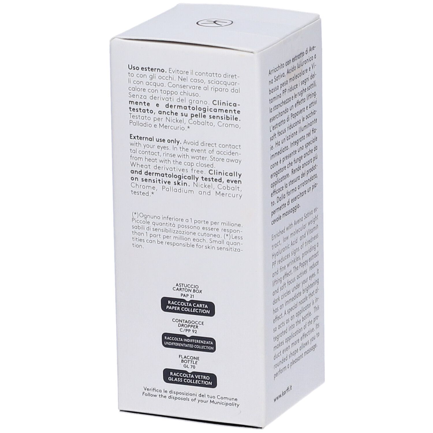 Scatola bianca KORFF con istruzioni per l'uso. Testo in italiano e inglese. Informazioni sul prodotto.