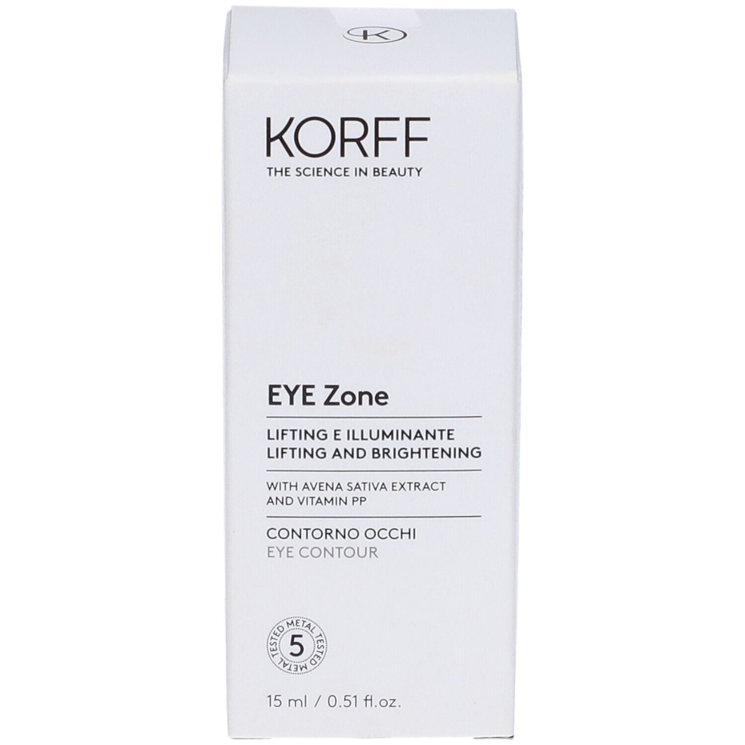 Scatola bianca KORFF EYE Zone. Scritte in italiano e inglese. Informazioni sul prodotto.