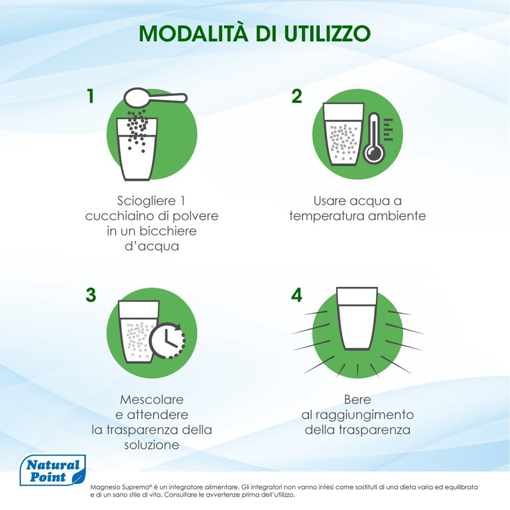 Istruzioni per la preparazione di Magnesio Supremo®: sciogliere polvere in acqua, mescolare, bere.
