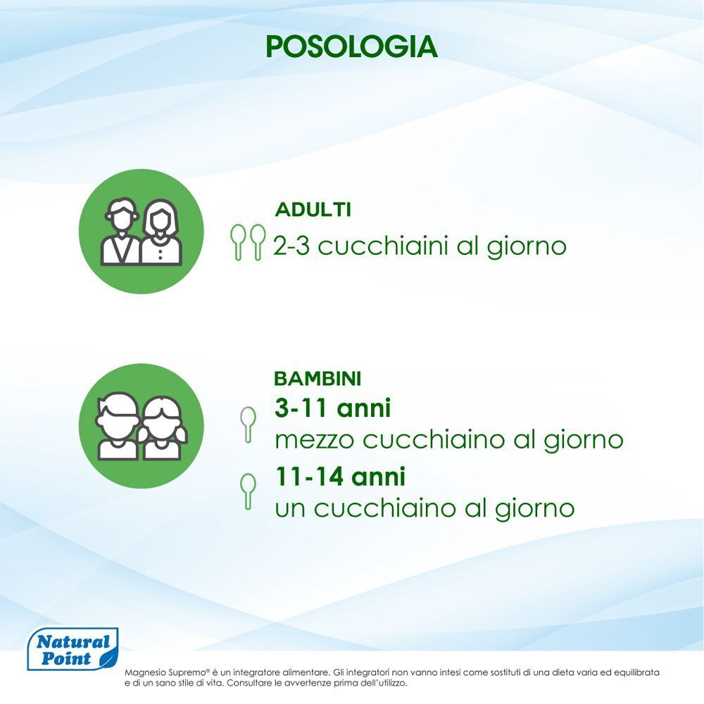 Indicazioni sul dosaggio di Magnesio Supremo® per adulti e bambini.