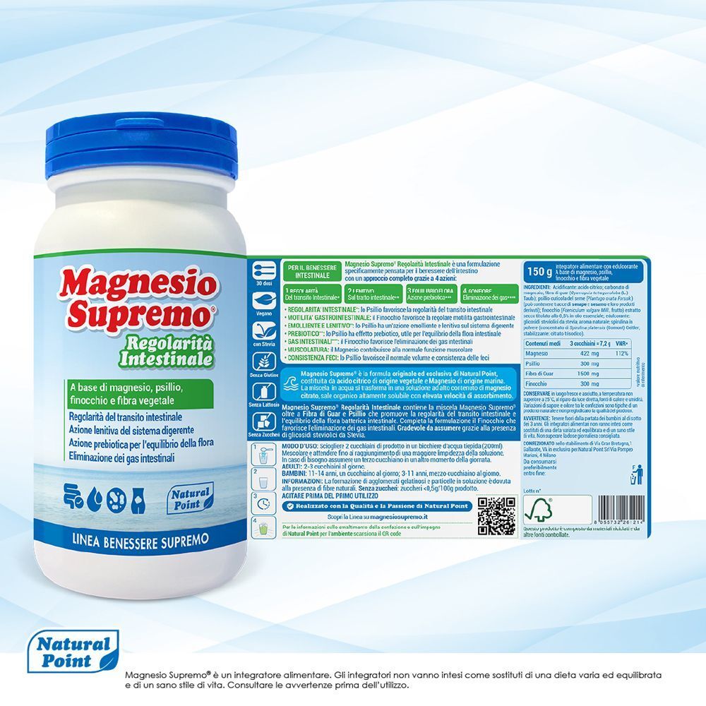 Contenitore Magnesio Supremo® e retro confezione con informazioni sul prodotto.
