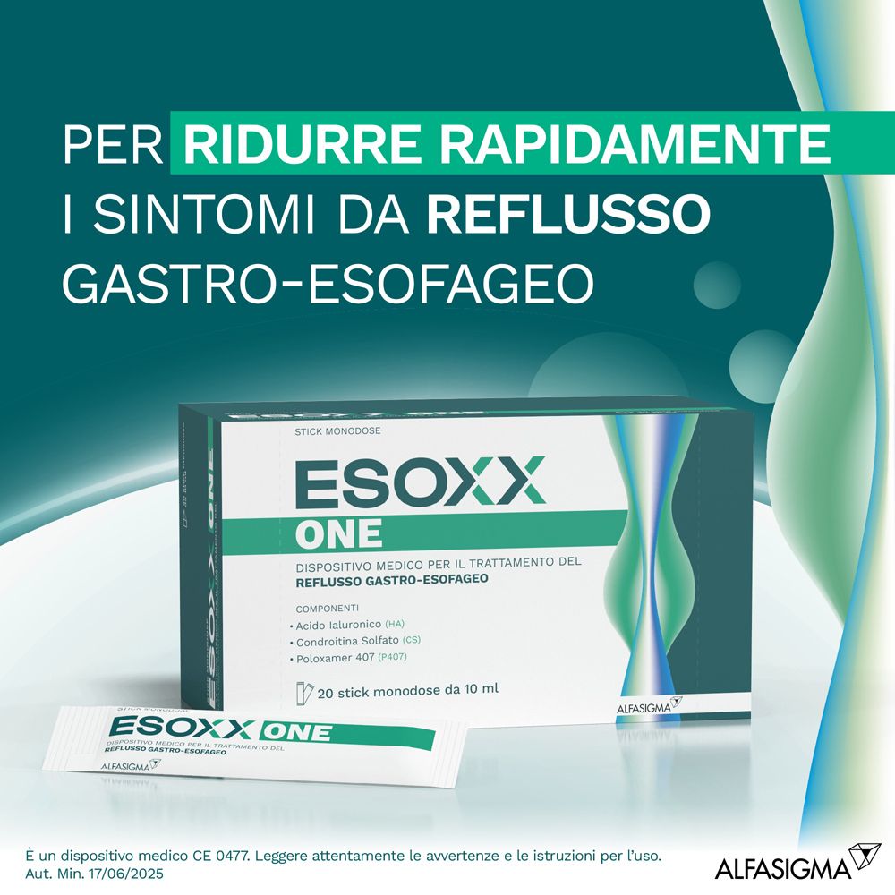 Pubblicità per ESOXX One. Testo: Per ridurre rapidamente i sintomi da reflusso gastro-esofageo. Confezione e stick.