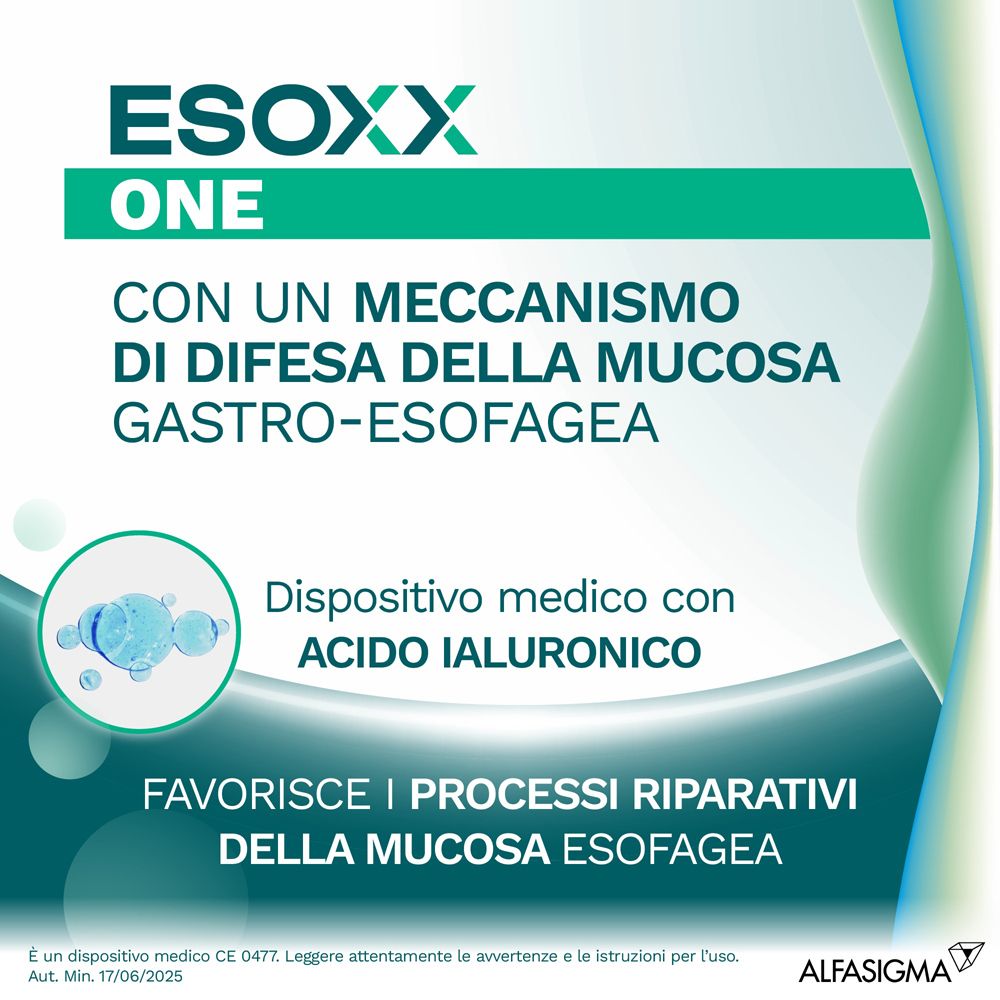 Pubblicità per ESOXX One. Testo: Con un meccanismo di difesa della mucosa gastro-esofagea. Dispositivo medico con acido ialuronico.