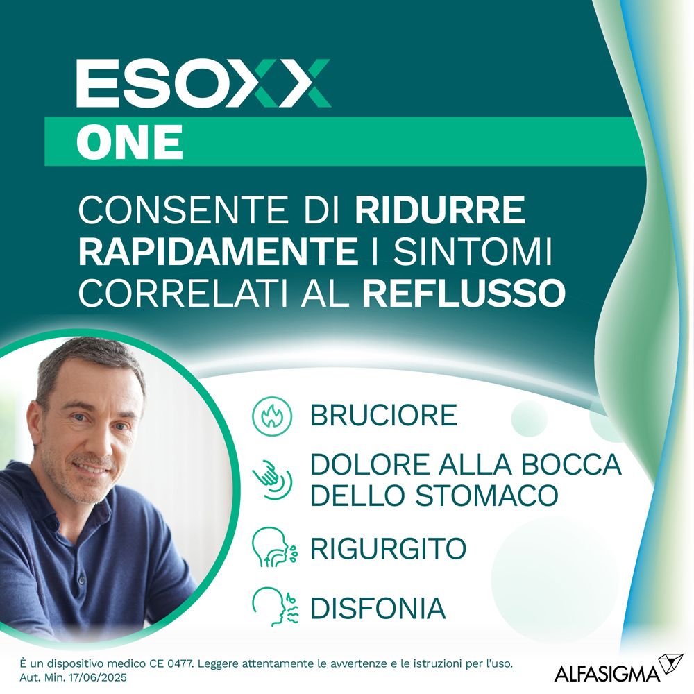 Pubblicità per ESOXX One. Testo: Consente di ridurre rapidamente i sintomi correlati al reflusso. Immagine di uomo e sintomi.