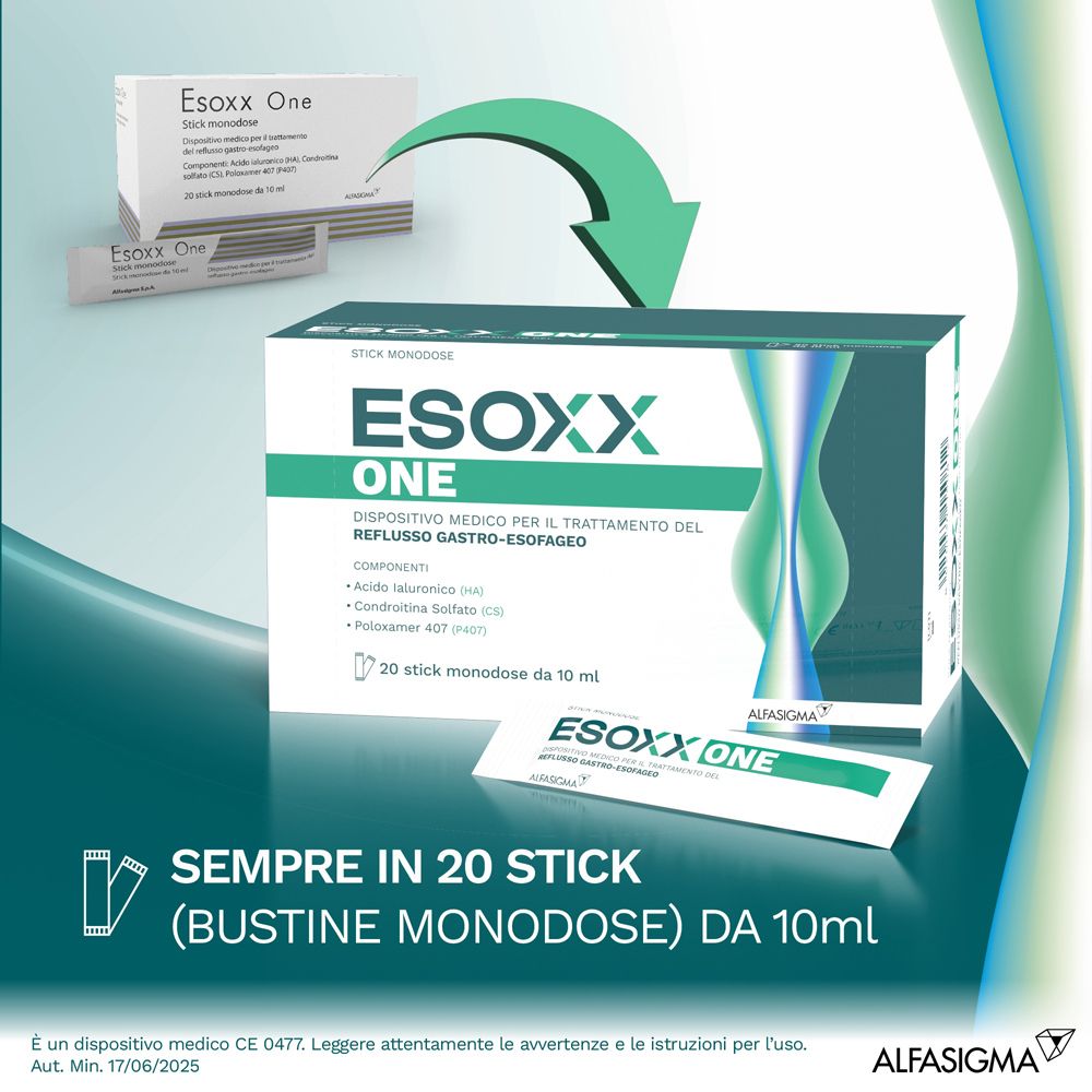 Confezione e stick ESOXX One. Testo: Sempre in 20 stick (bustine monodose) da 10 ml. Freccia indica la confezione.