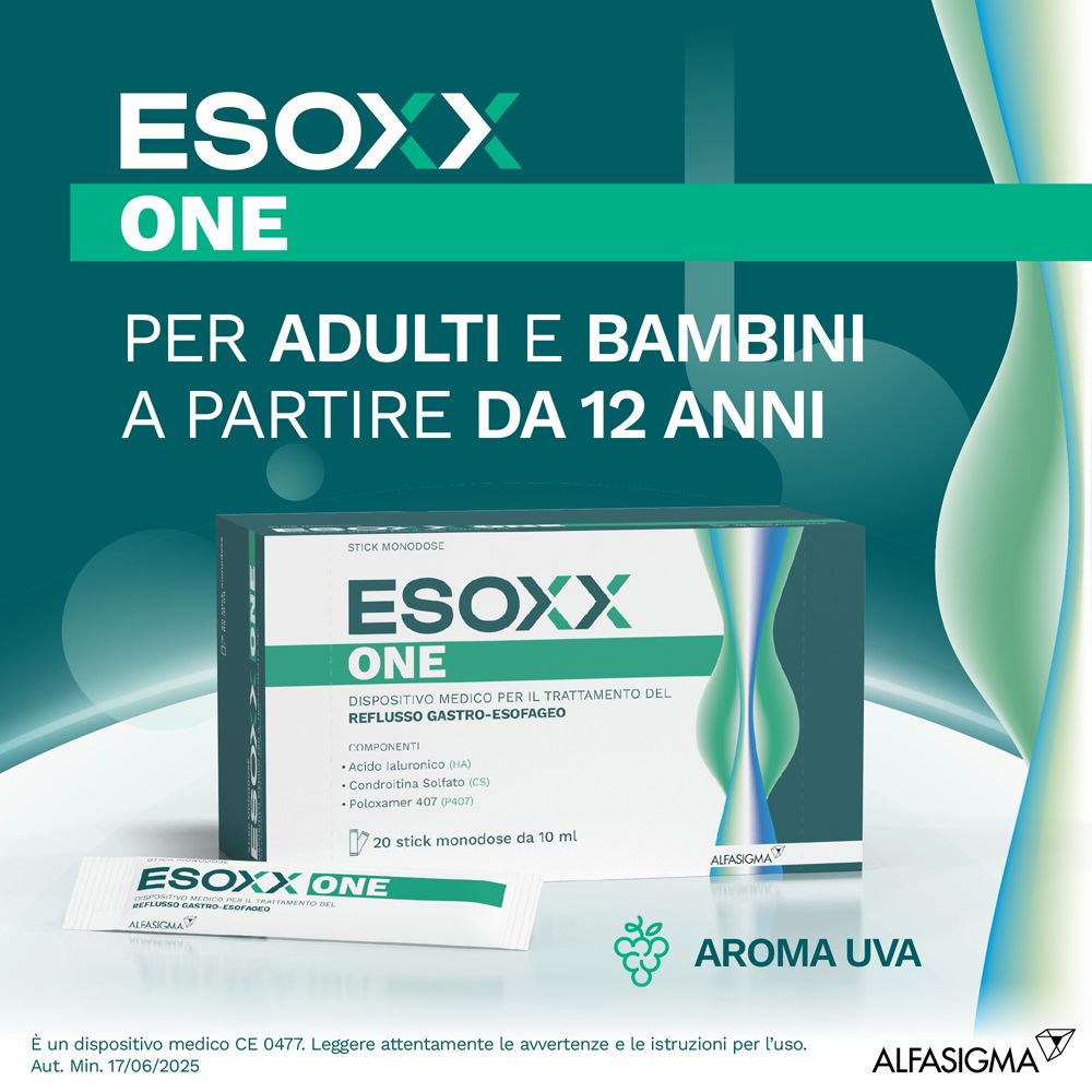 Pubblicità per ESOXX One. Testo: Per adulti e bambini a partire da 12 anni. Confezione e stick, aroma uva.